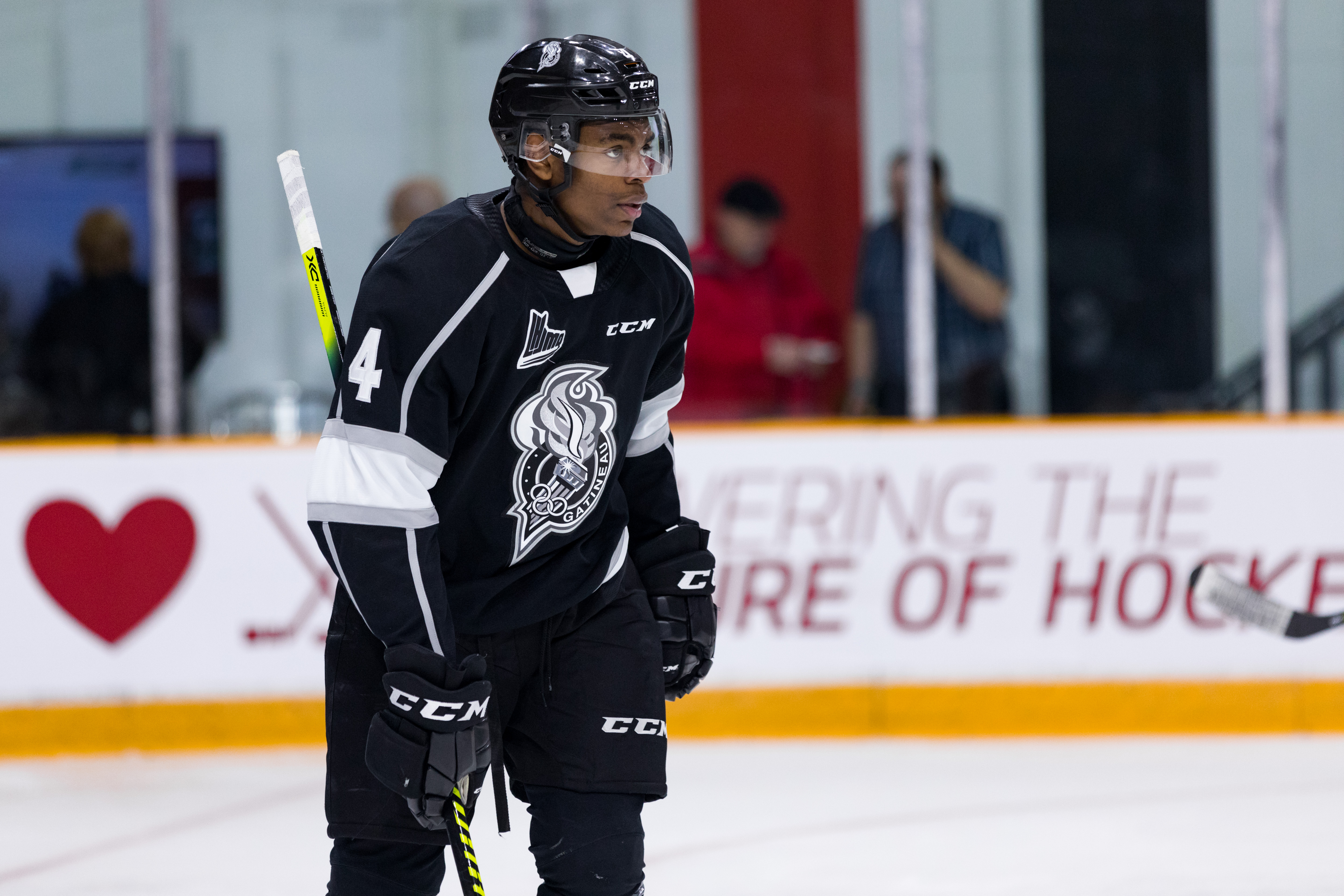 Gatineau Olympiques Defenceman Darick Louis-Jean (4) after a whistle during Ontario Hockey League action between the Gatineau Olympiques and Ottawa 67’s on December 8, 2019, at TD Place Arena in Ottawa, ON, Canada.