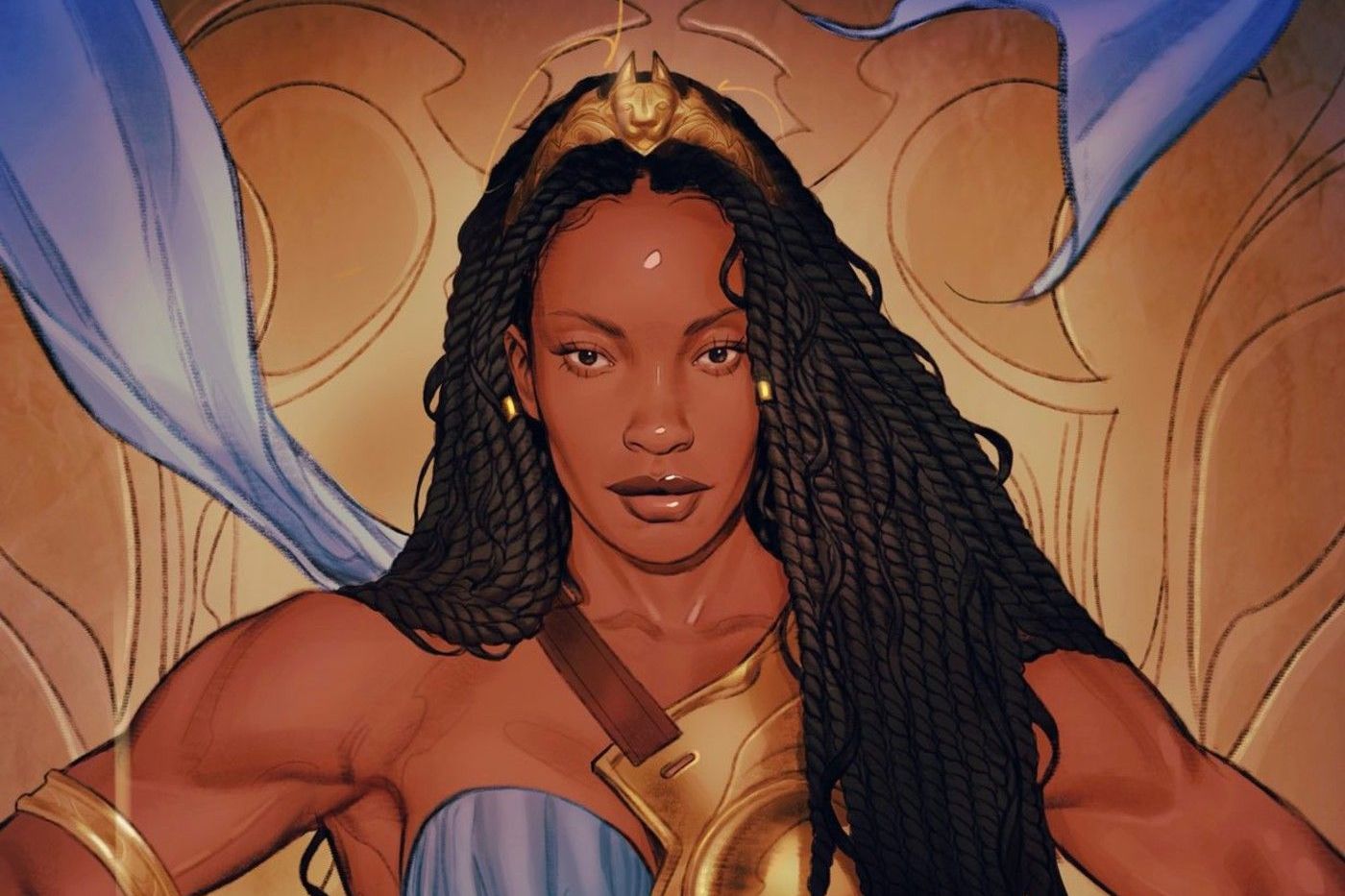 Queen Nubia of the Amazons in her blue and gold regalia, with waist-length locs and a golden circlet, on a variant cover for Nuba and the Amazons (2021). 