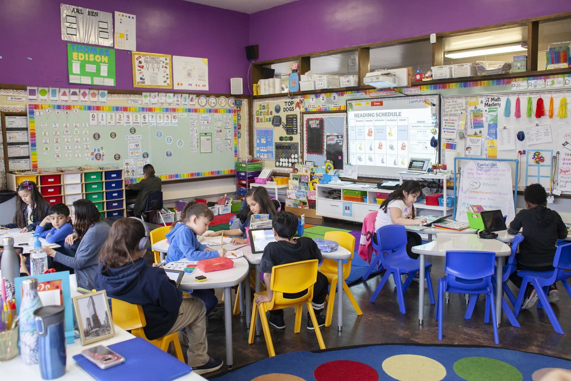 Students at CICS West Belden school work in the classroom at the Chicago charter school. The school employs the personalized learning method for its K-8 students. The school is part of the Chicago International Charter School network, and is managed by Distinctive Schools.