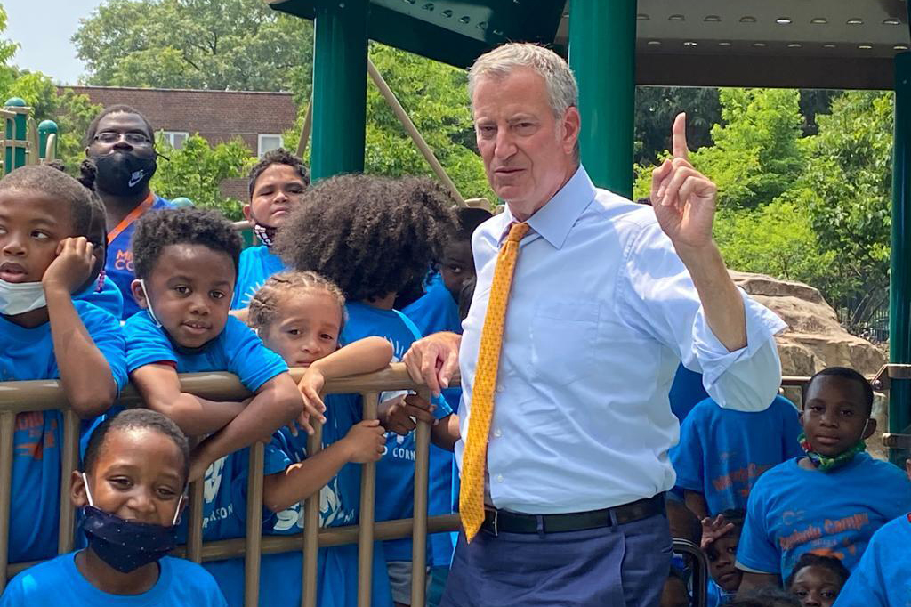Mayor Bill de Blasio visits a playground at the Edenwald Houses in The Bronx, July 27, 2021.