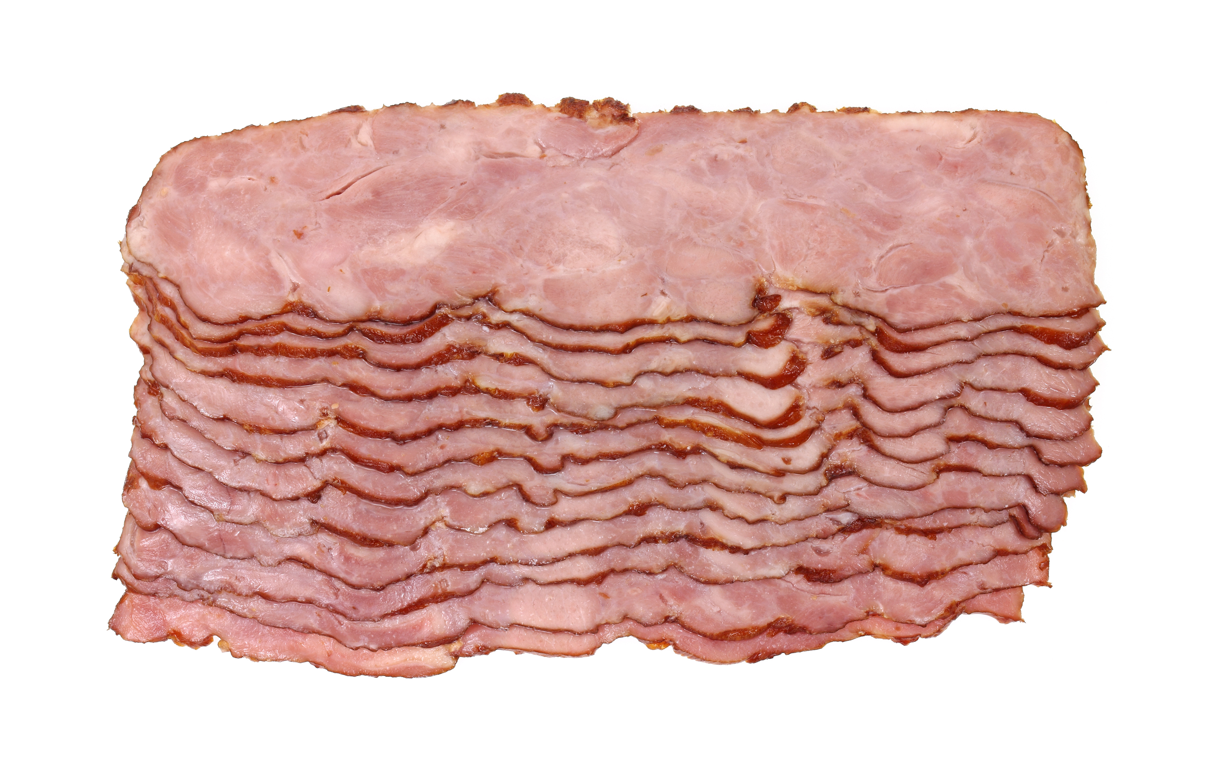Overhead photo showing shingled slices of raw turkey bacon against a white background.