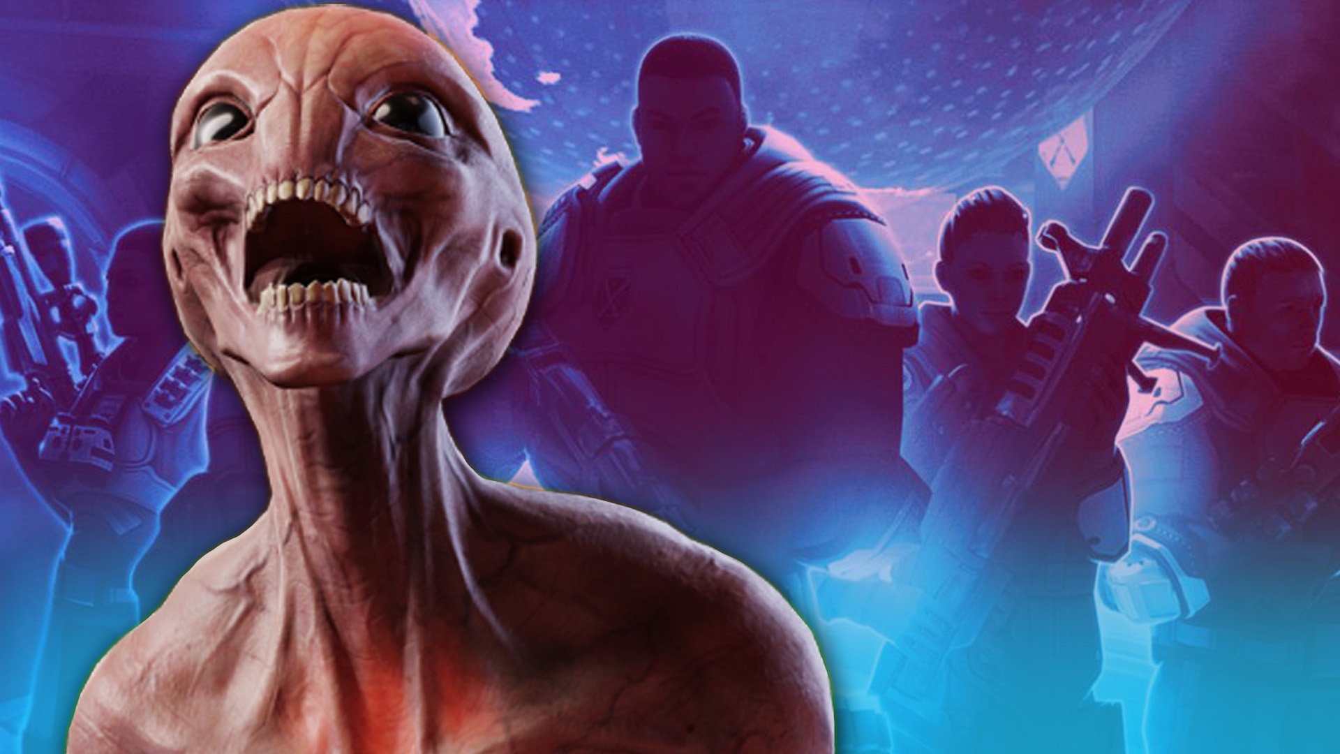 A grey alien Sectoid from the XCOM game franchise makes a screaming face while silhouettes of XCOM soldiers stand behind.