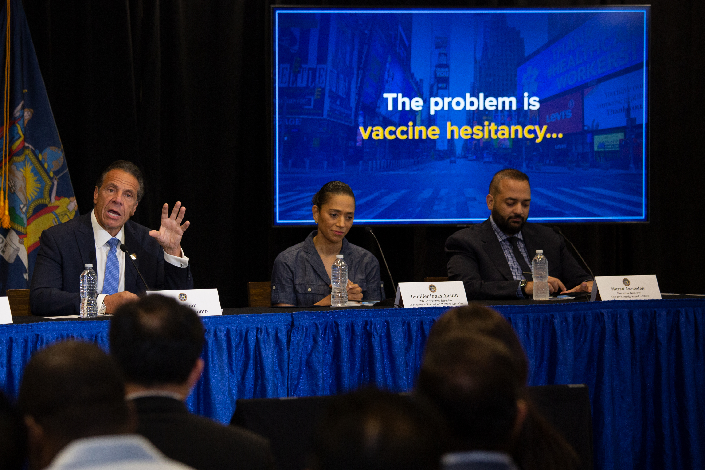 Gov. Andrew Cuomo speaks about the need to increase vaccination rates during a press conference at Yankee Stadium on Monday, July 26, 2021.