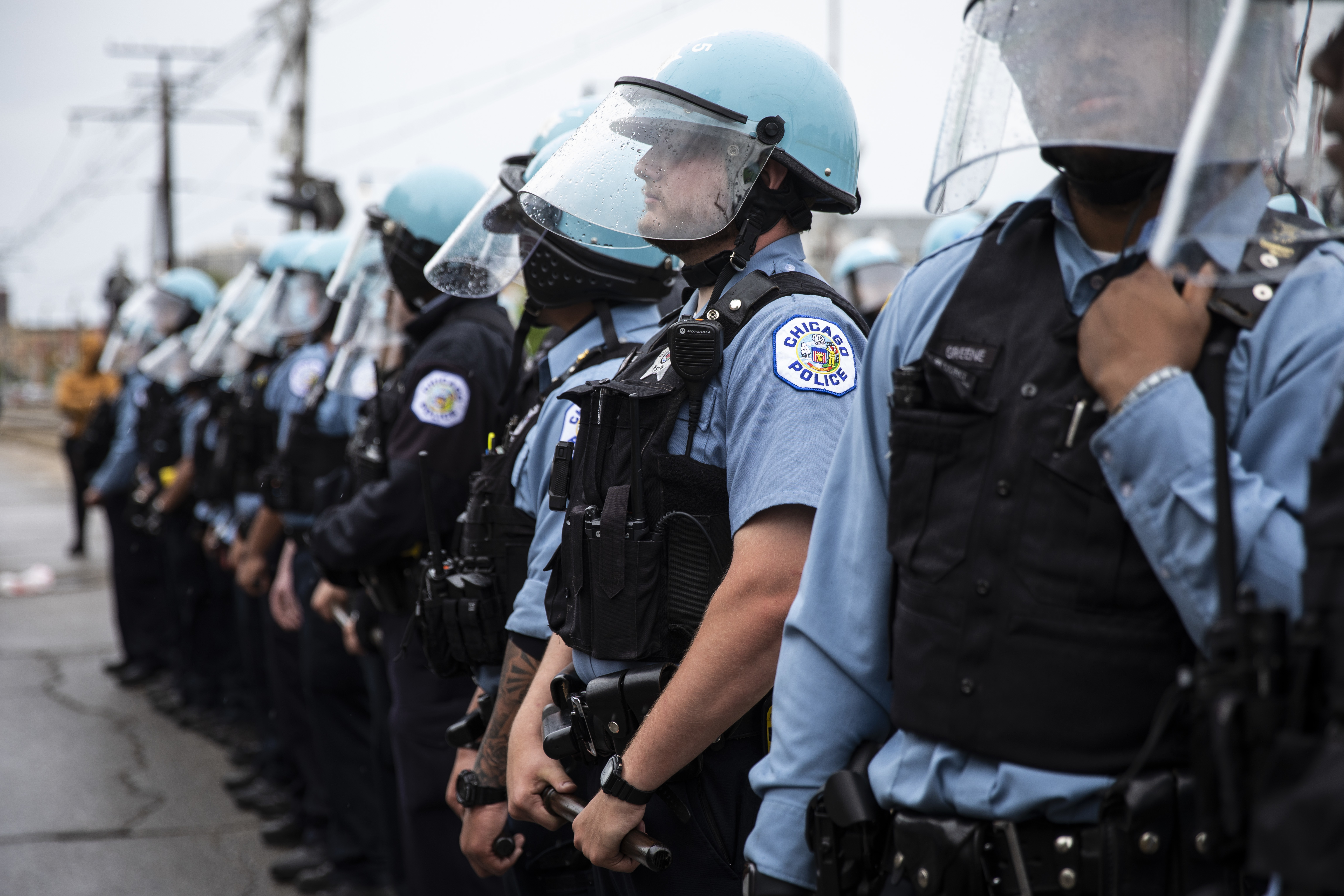 These Chicago police officers were on duty near East 71st Street and South Chappel Avenue in South Shore on Monday, June 1, 2020 after a weekend of protests, riots and looting throughout the city.