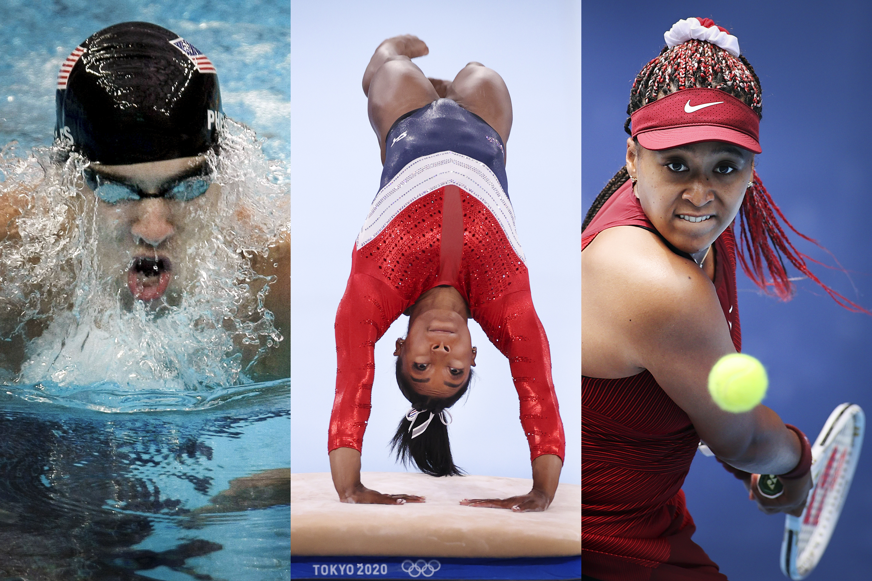 Three panels showing swimmer Michael Phelps in the water, gymnast Simone Biles upside-down on the vault, and tennis player Naomi Osaka making a backhand return.