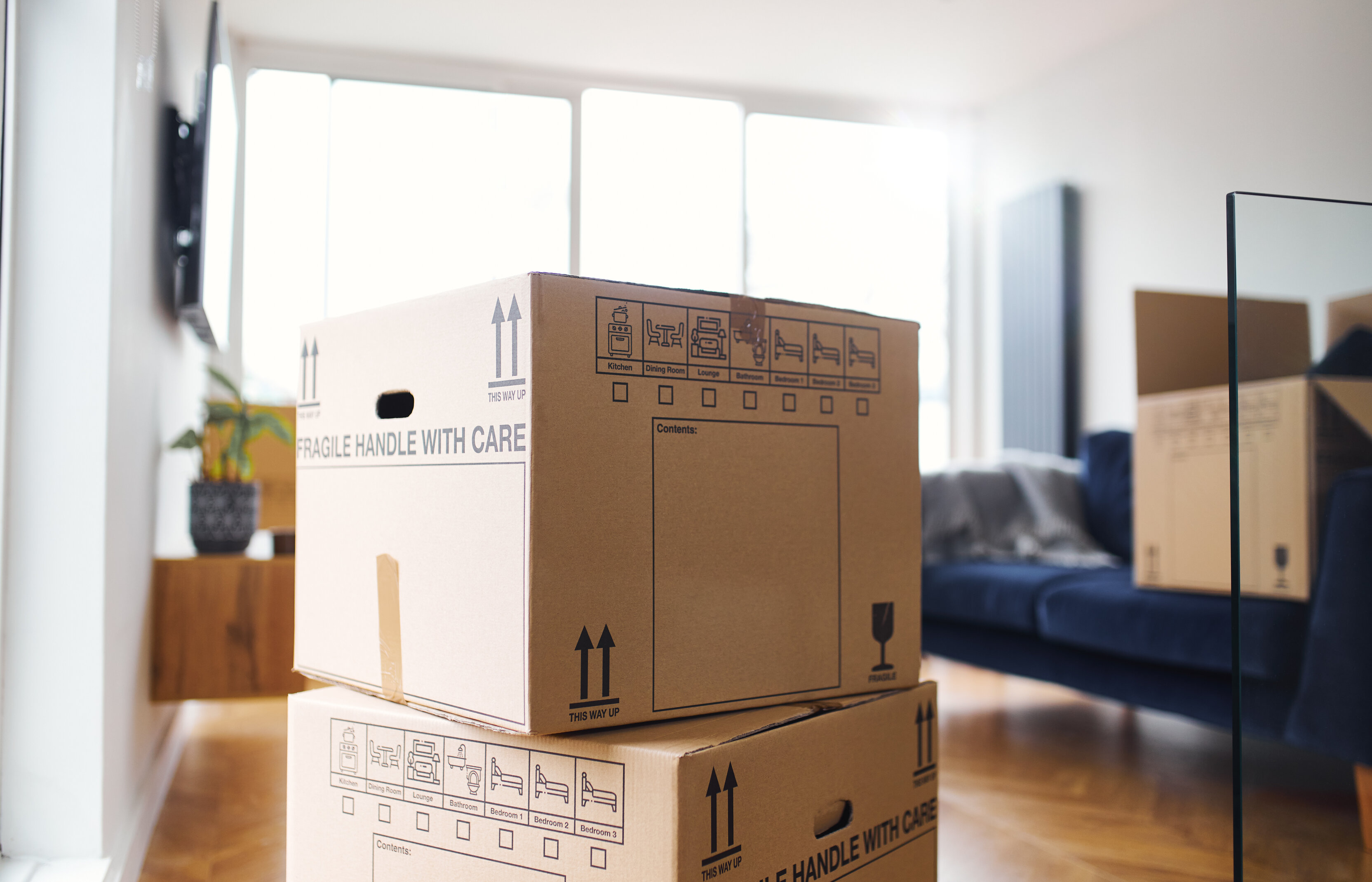 Two stacked cardboard moving boxes in a family room of an apartment with a navy blue couch and hardwood floors.