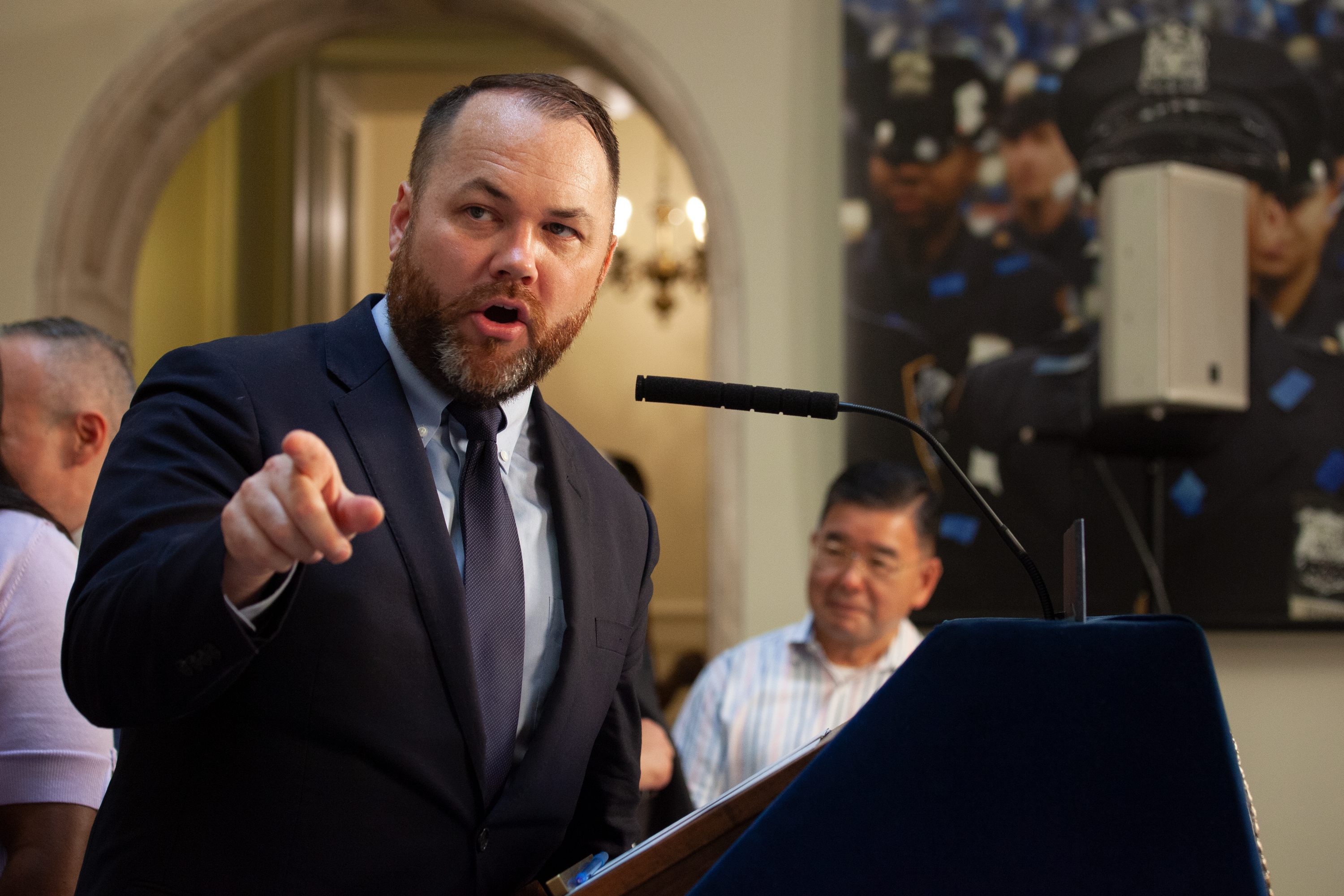 Council Speaker Corey Johnson answers media questions at City Hall about the 2022 budget, June 30, 2021.