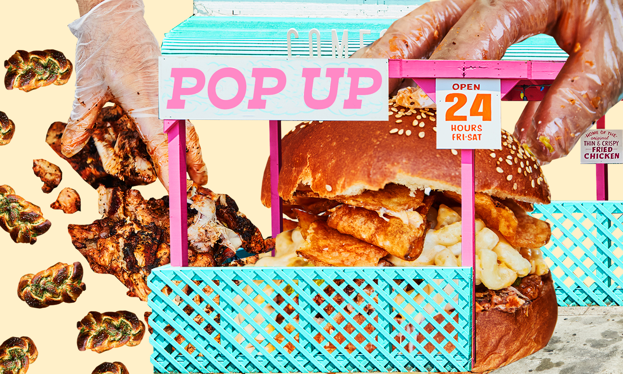 A photo collage featuring challah, gloved hands assembling a sandwich, and a food stand with a sign that says “pop-up”