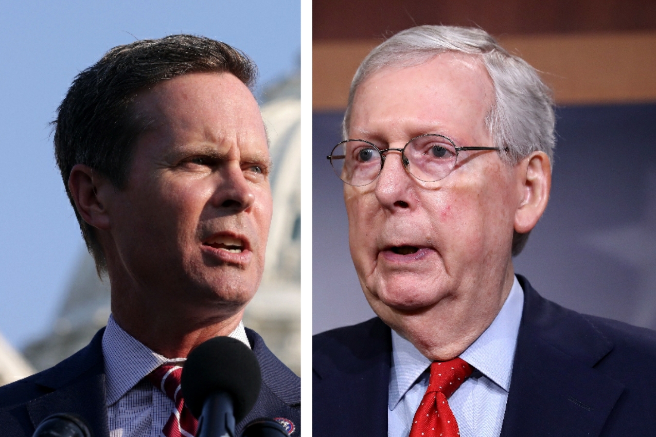 U.S. Rep. Rodney Davis, R-Ill, left, on July 27; Senate Majority Leader Mitch McConnell, R-Kentucky, right, in April.