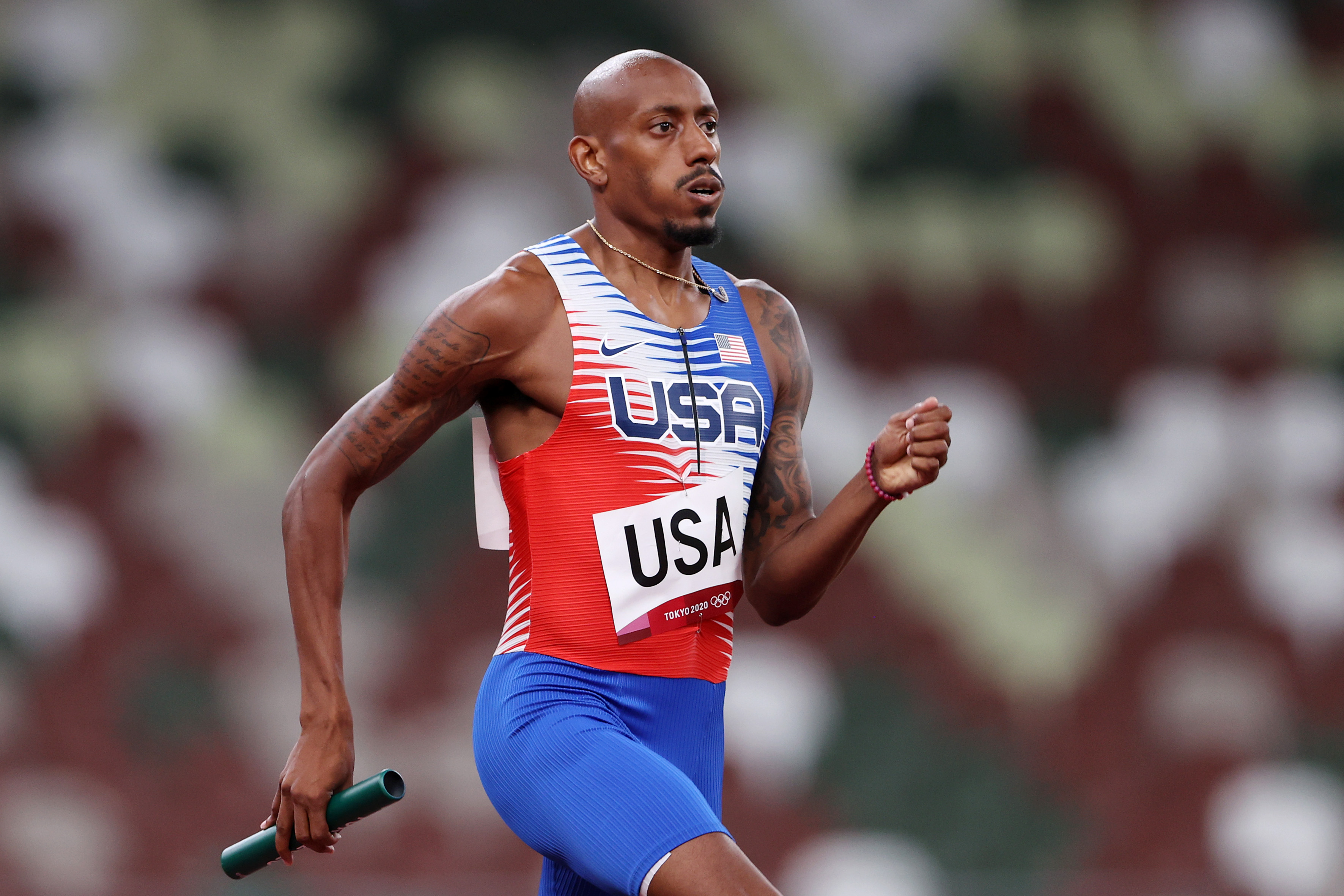 Vernon Norwood of Team United States competes in the Men’s 4 x 400m Relay heats on day fourteen of the Tokyo 2020 Olympic Games at Olympic Stadium on August 06, 2021 in Tokyo, Japan.
