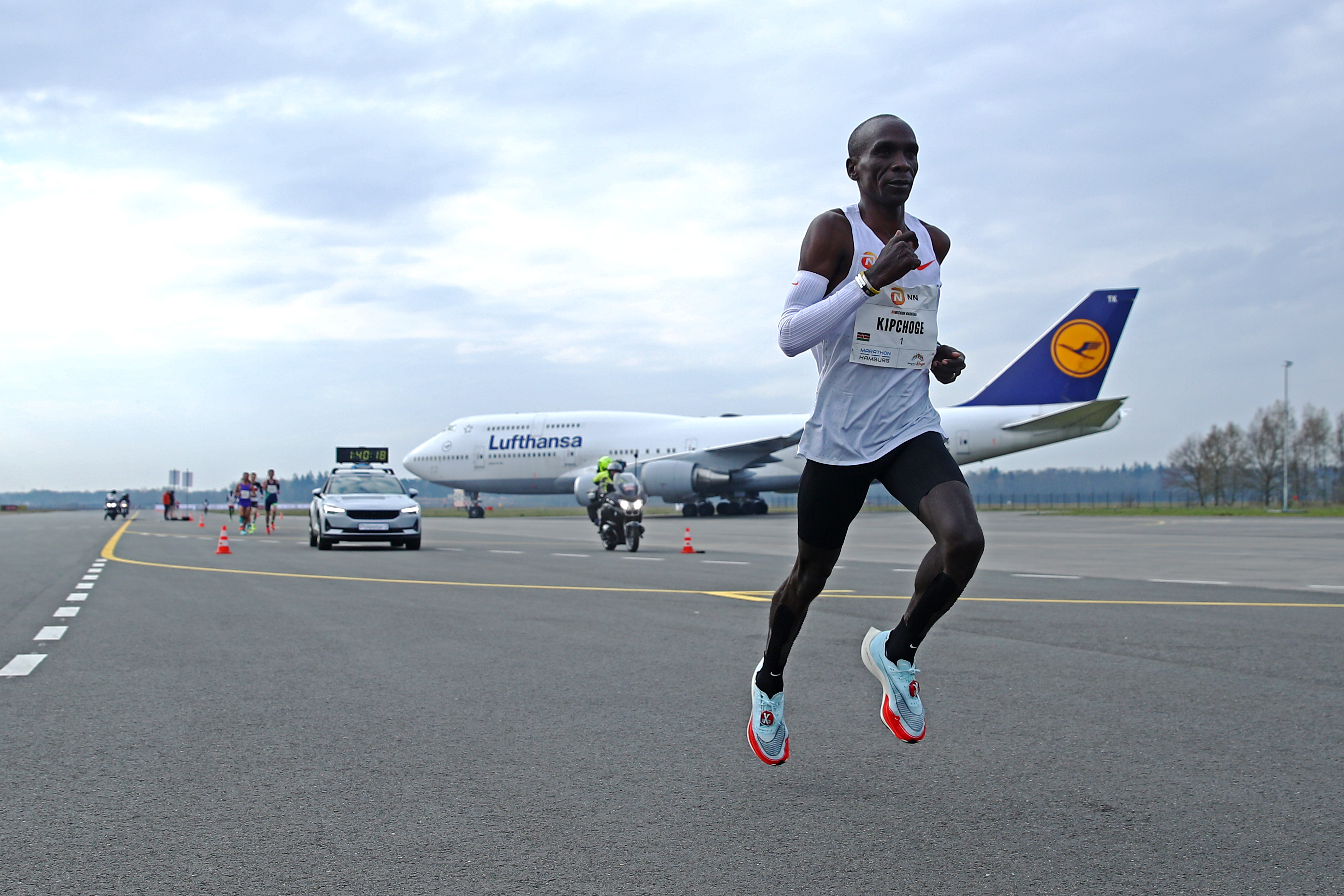 Eliud Kipchoge of Kenya winner of the gold medal competes during the NN Mission Marathon held at Airport or Vliegveld Twente on April 18, 2021 in Enschede, Netherlands.