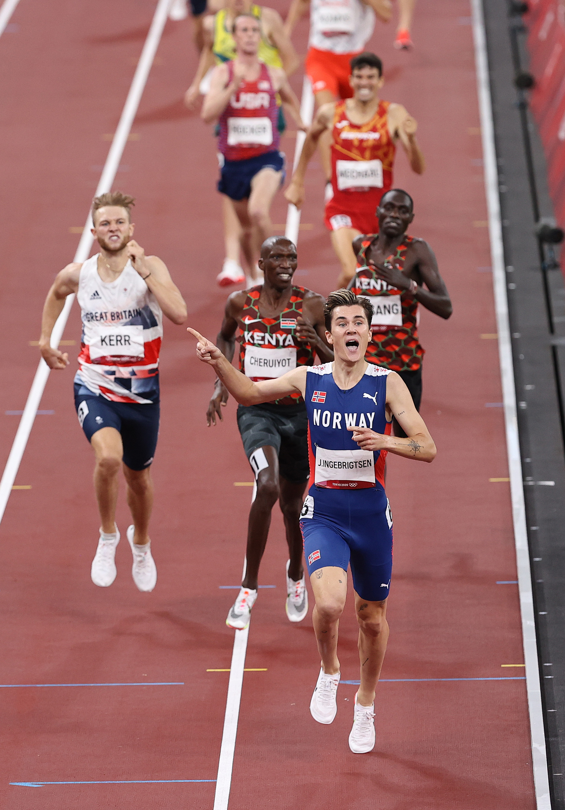 Jakob Ingebrigtsen of Team Norway reacts after winning the gold medal in the Men’s 1500m Final on day fifteen of the Tokyo 2020 Olympic Games at Olympic Stadium on August 07, 2021 in Tokyo, Japan.