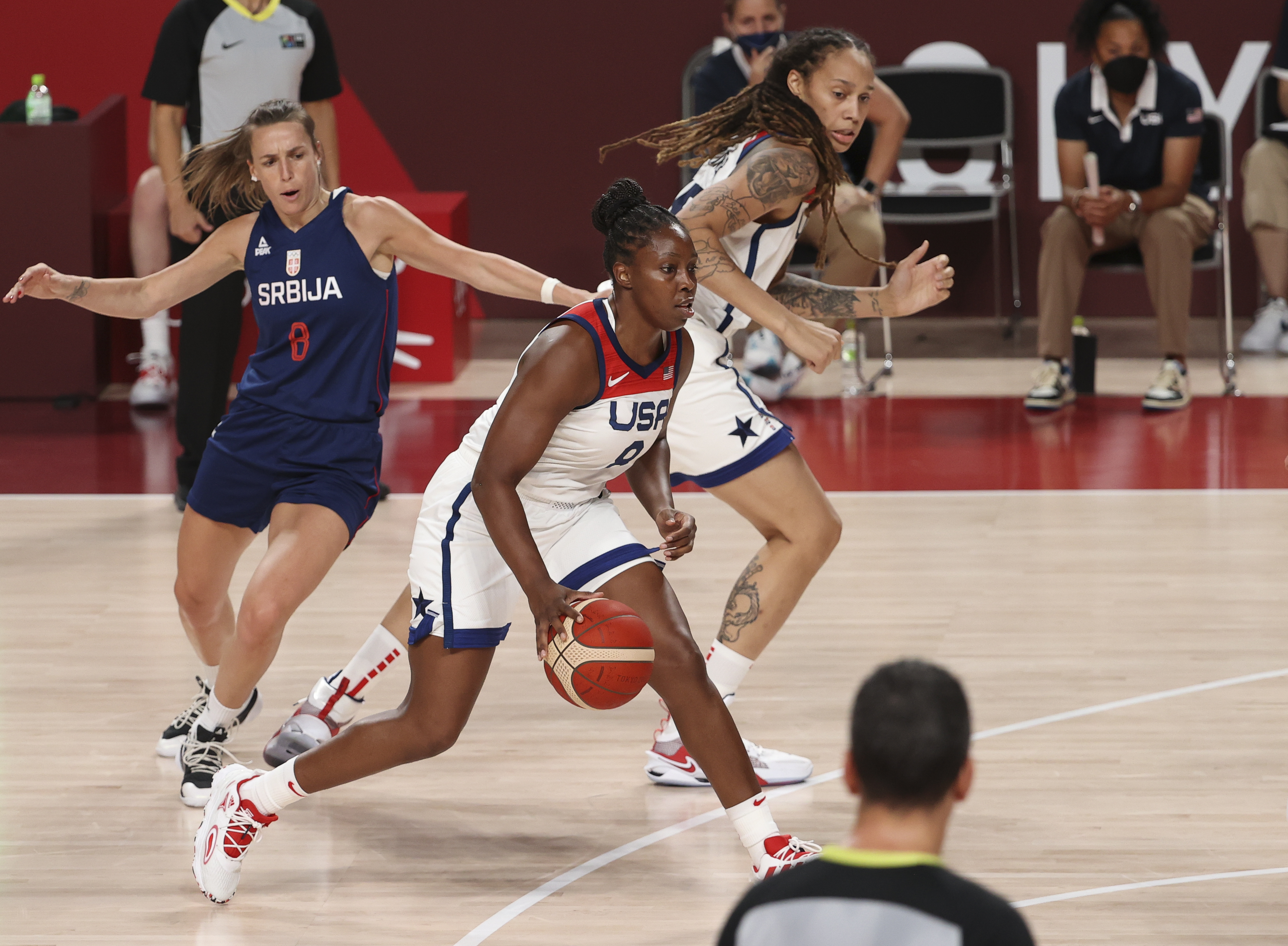 Chelsea Gray, Brittney Griner of USA, Nevena Jovanovic of Serbia (left) during the Women’s Semifinal Basketball game between United States and Serbia on day fourteen of the Tokyo 2020 Olympic Games at Saitama Super Arena on August 6, 2021 in Saitama, Japan.