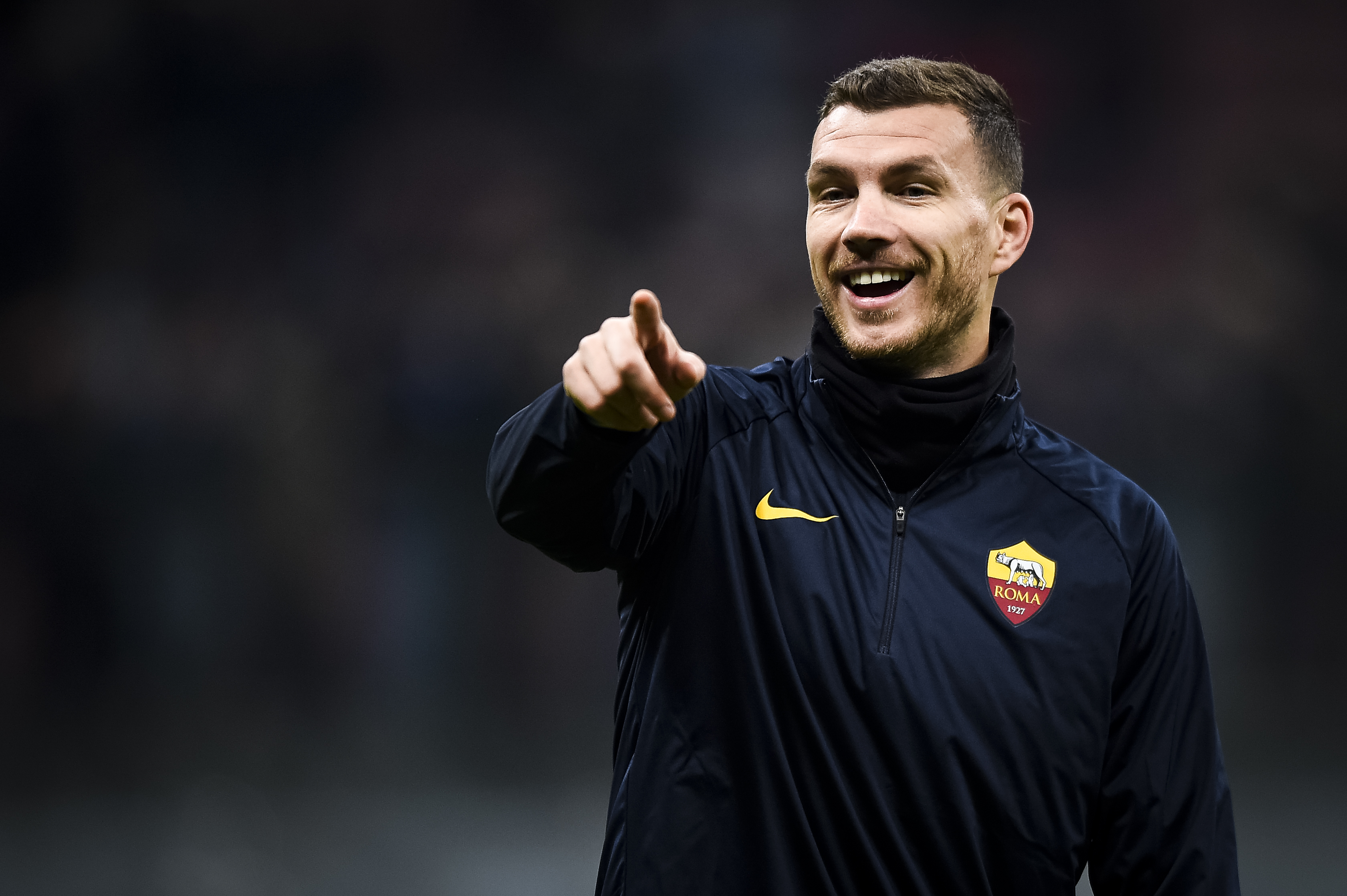 Edin Dzeko of AS Roma gestures during warm up prior to the...