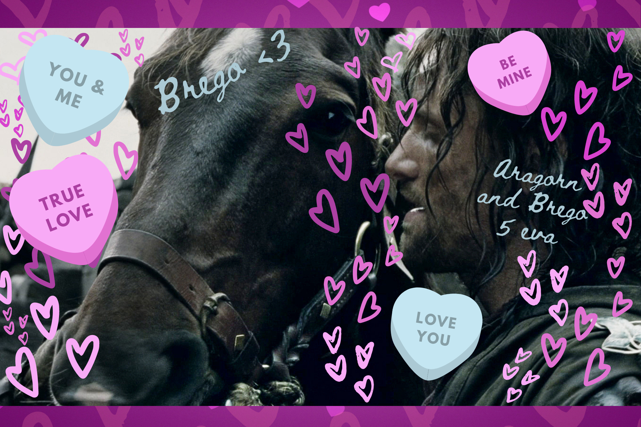 Photo montage of Aragorn from the Lord of the Rings movie with hand drawn hearts and stickers