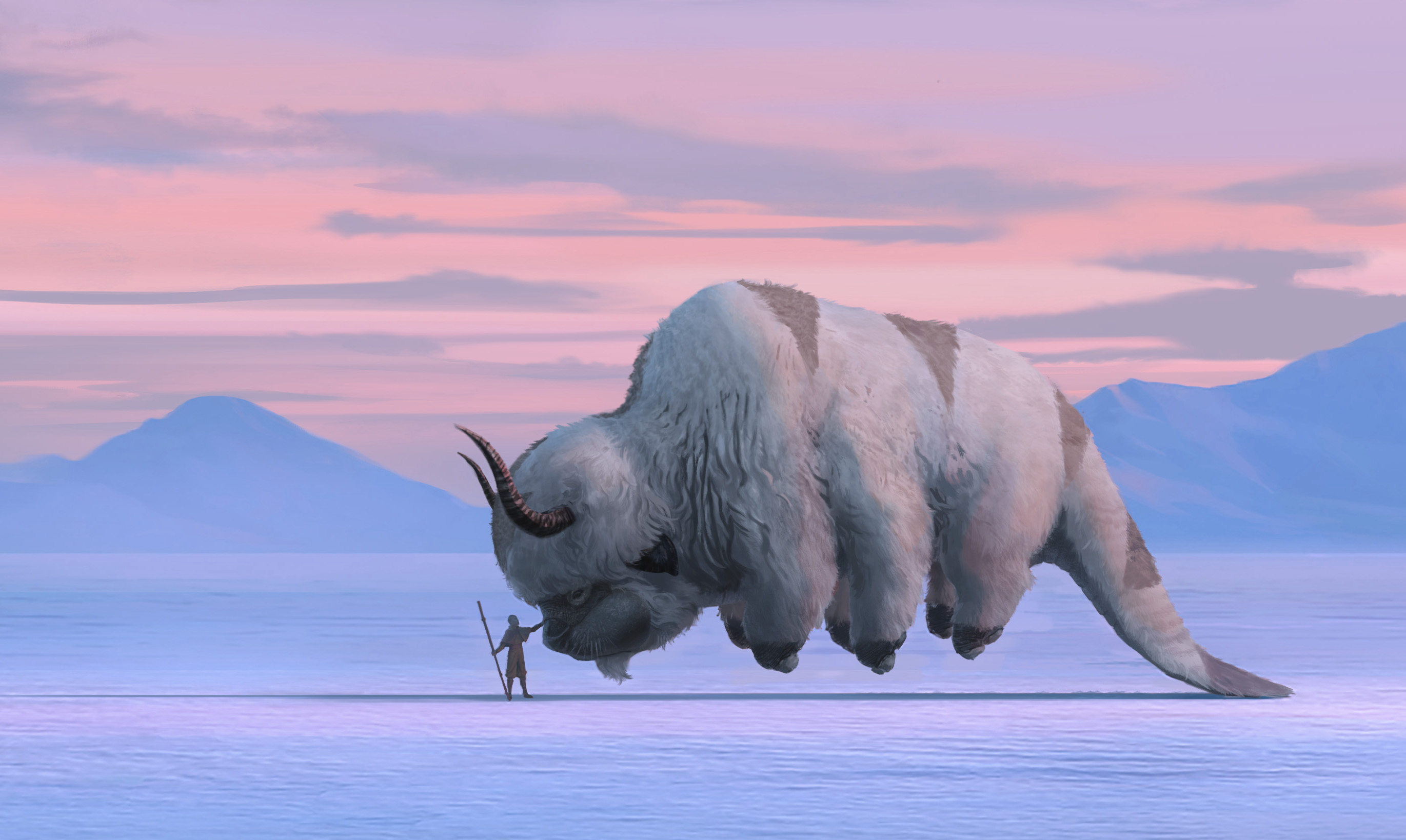 Aang and Appa hover above the ice in concept art from netflix’s avatar the last Airbender series