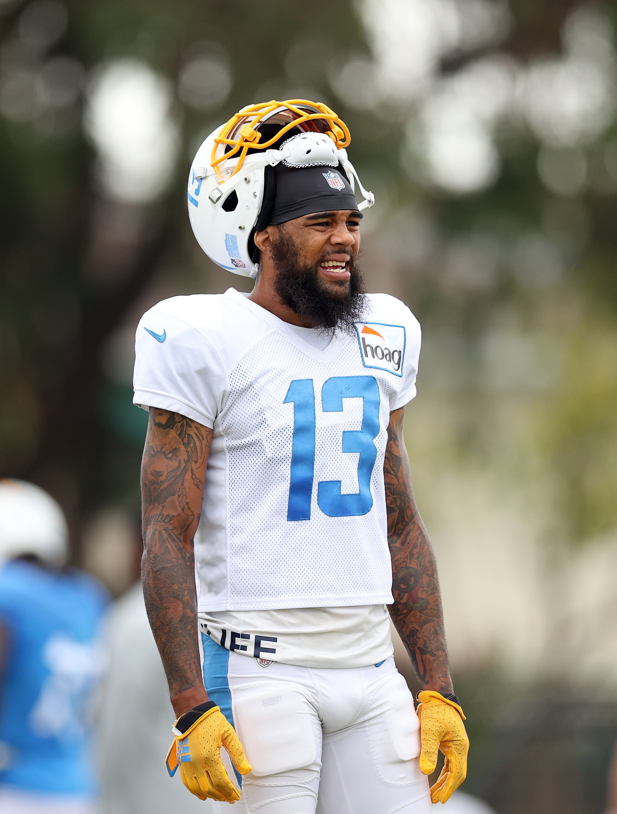 Keenan Allen #13 of the Los Angeles Chargers during Los Angeles Chargers training camp at Jack Hammett Sports Complex on August 06, 2021 in Costa Mesa, California.