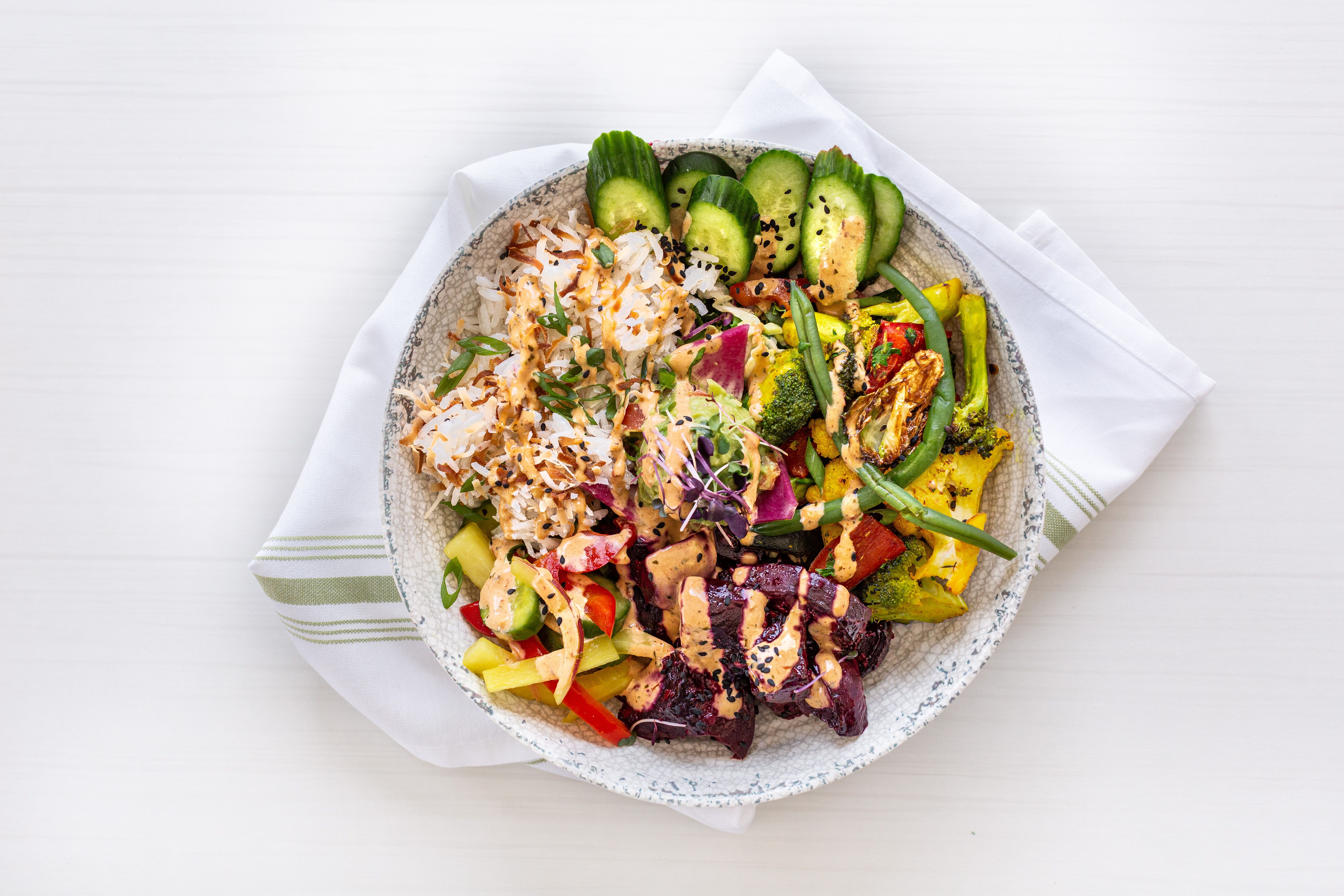 a veggie-filled bowl of vegetarian poke made with roasted beets