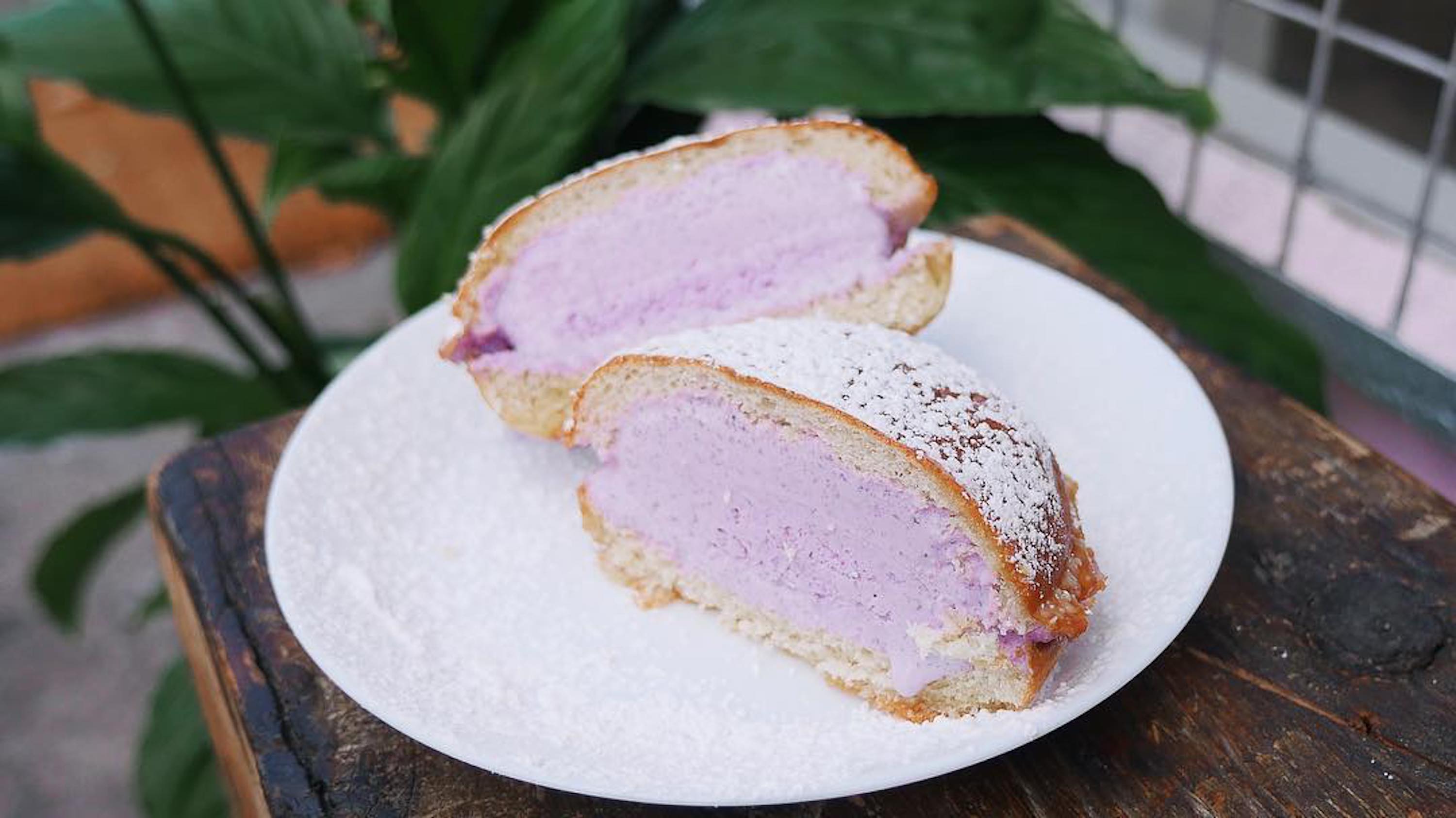 An ube bilog — a pan de sal ice cream sandwich — from Mamasons