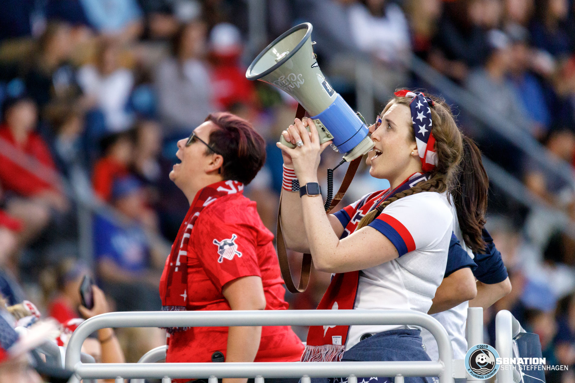 September 3, 2019 - Saint Paul, Minnesota, United States - American Outlaw capos lead the supporters in song during the USA World Cup Victory Tour  match against Portugal at Allianz Field. 
