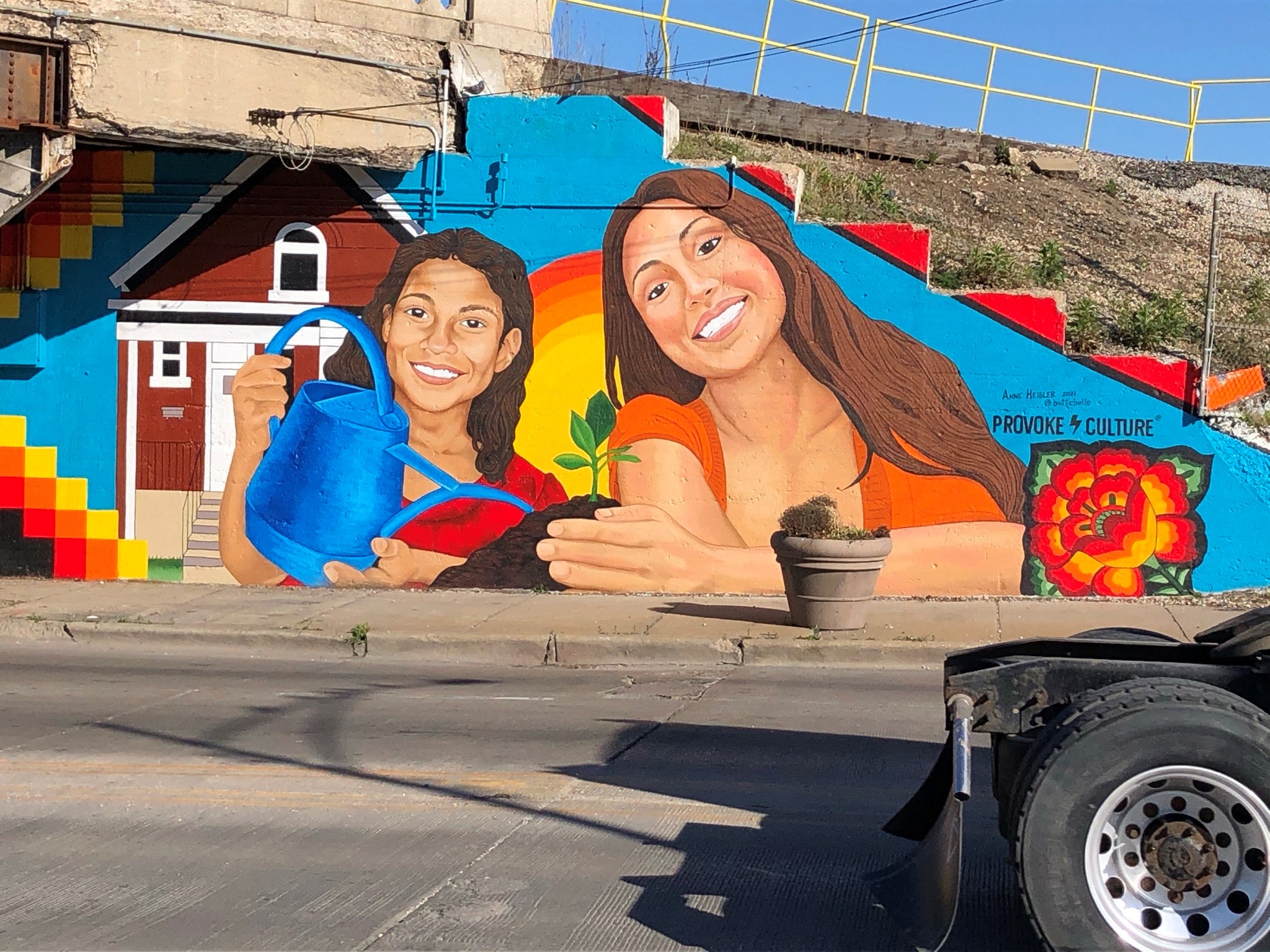 Anne Heisler says the skills she picked up decorating cakes for about 15 years help with her art career, which includes this mural painted on a viaduct at 47th Street and Archer Avenue in Archer Heights on the Southwest Side.