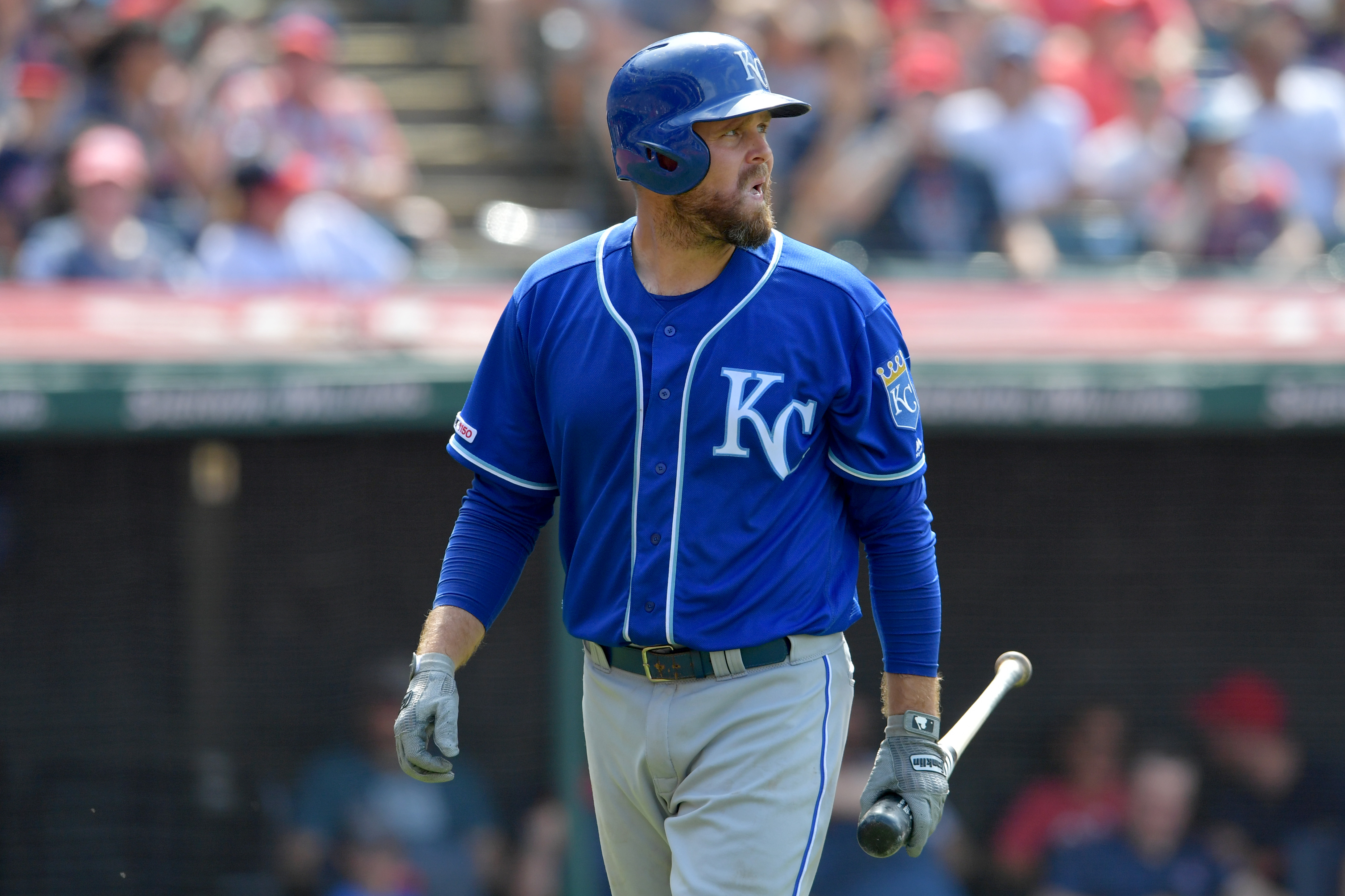 Lucas Duda #52 of the Kansas City Royals reacts after striking out during the ninth inning against the Cleveland Indians at Progressive Field on July 21, 2019 in Cleveland, Ohio. The Indians defeated the Royals 5-4.