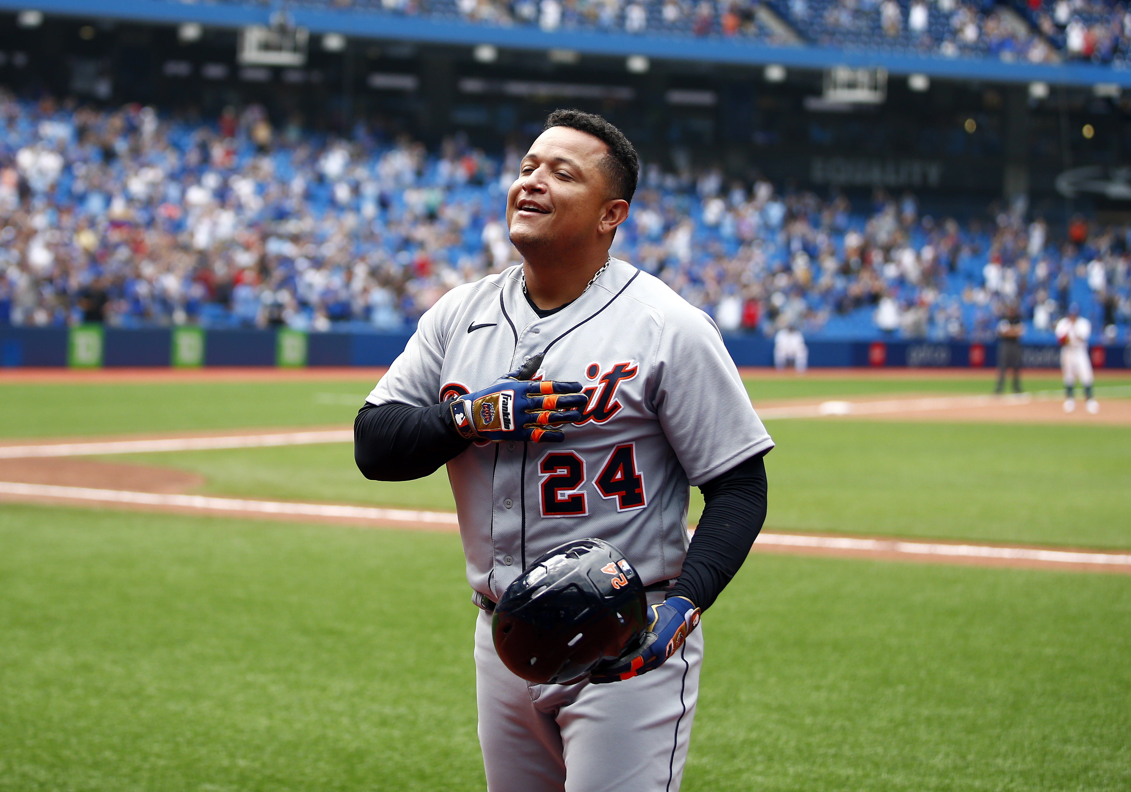 Miguel Cabrera #24 of the Detroit Tigers celebrates after hitting his 500th career home run in the sixth inning during a MLB game against the Toronto Blue Jays at Rogers Centre on August 22, 2021 in Toronto, Ontario, Canada.