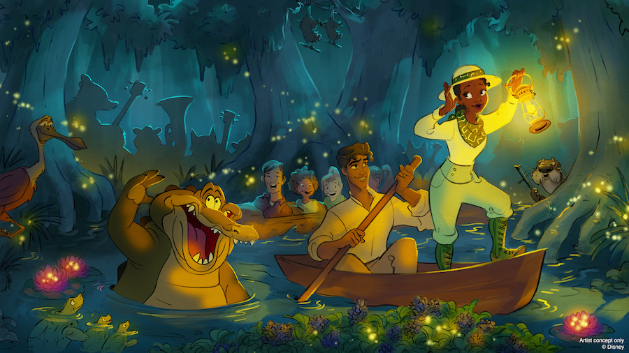 tiana stands on a log flume, ushering guests into the bayou