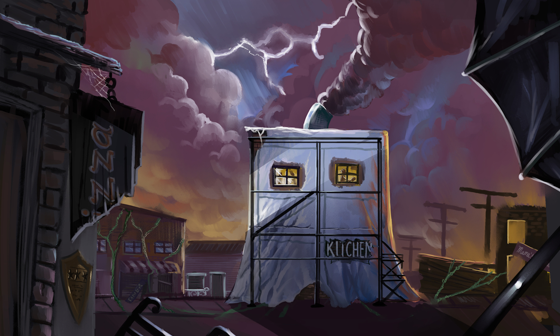 An illustration of a haunted-looking industrial kitchen with smoke coming from its chimney, surrounded by closed and broken-down restaurants.