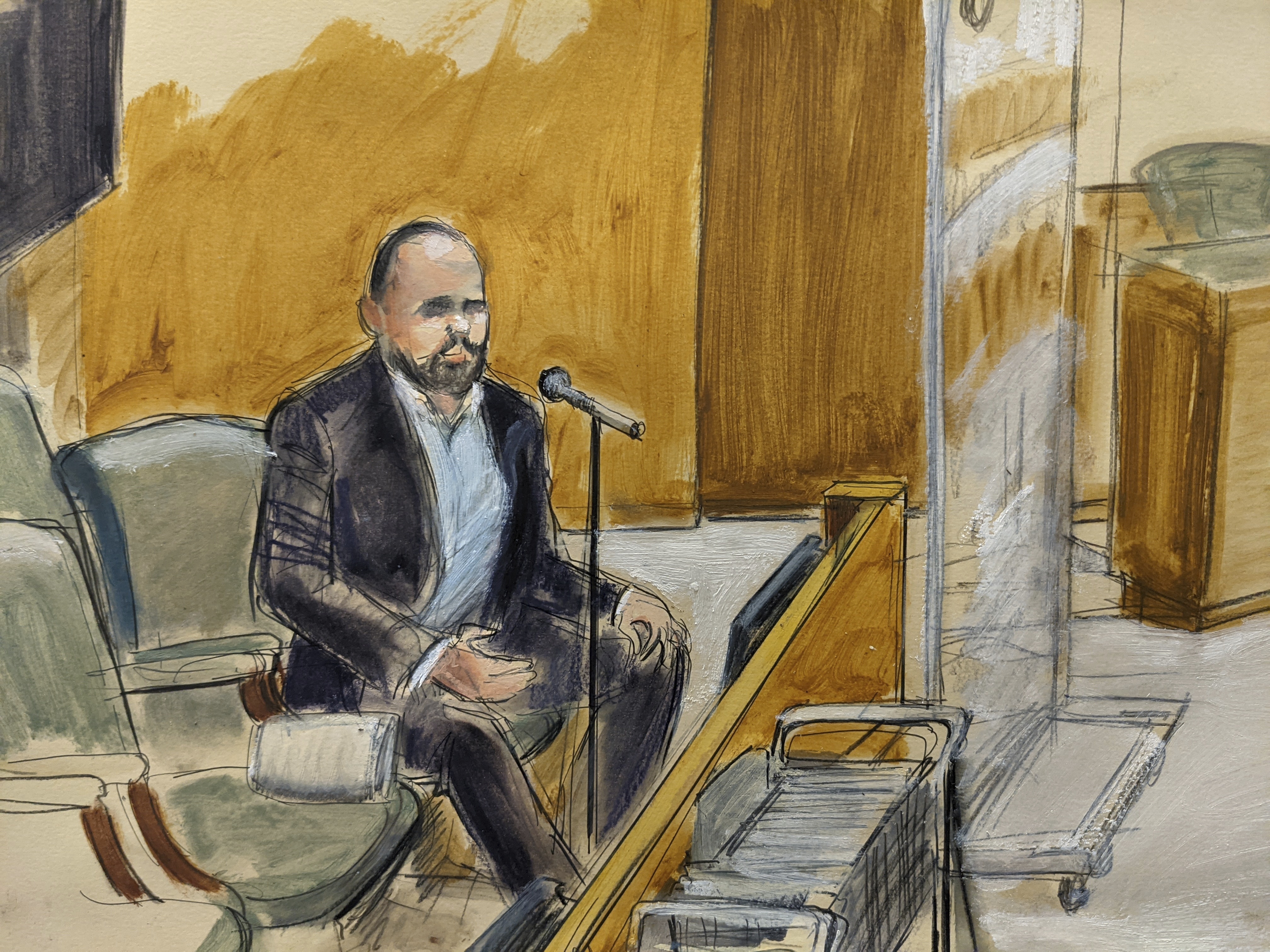 In this courtroom artist’s sketch, former R. Kelly employee Tom Arnold testifies at the R&amp;B star’s trial in New York, Thursday, Aug. 19, 2021. The 54-year-old Kelly has repeatedly denied accusations that he preyed on several alleged victims during a 30-year career highlighted by his mega hit “I Believe I Can Fly.”