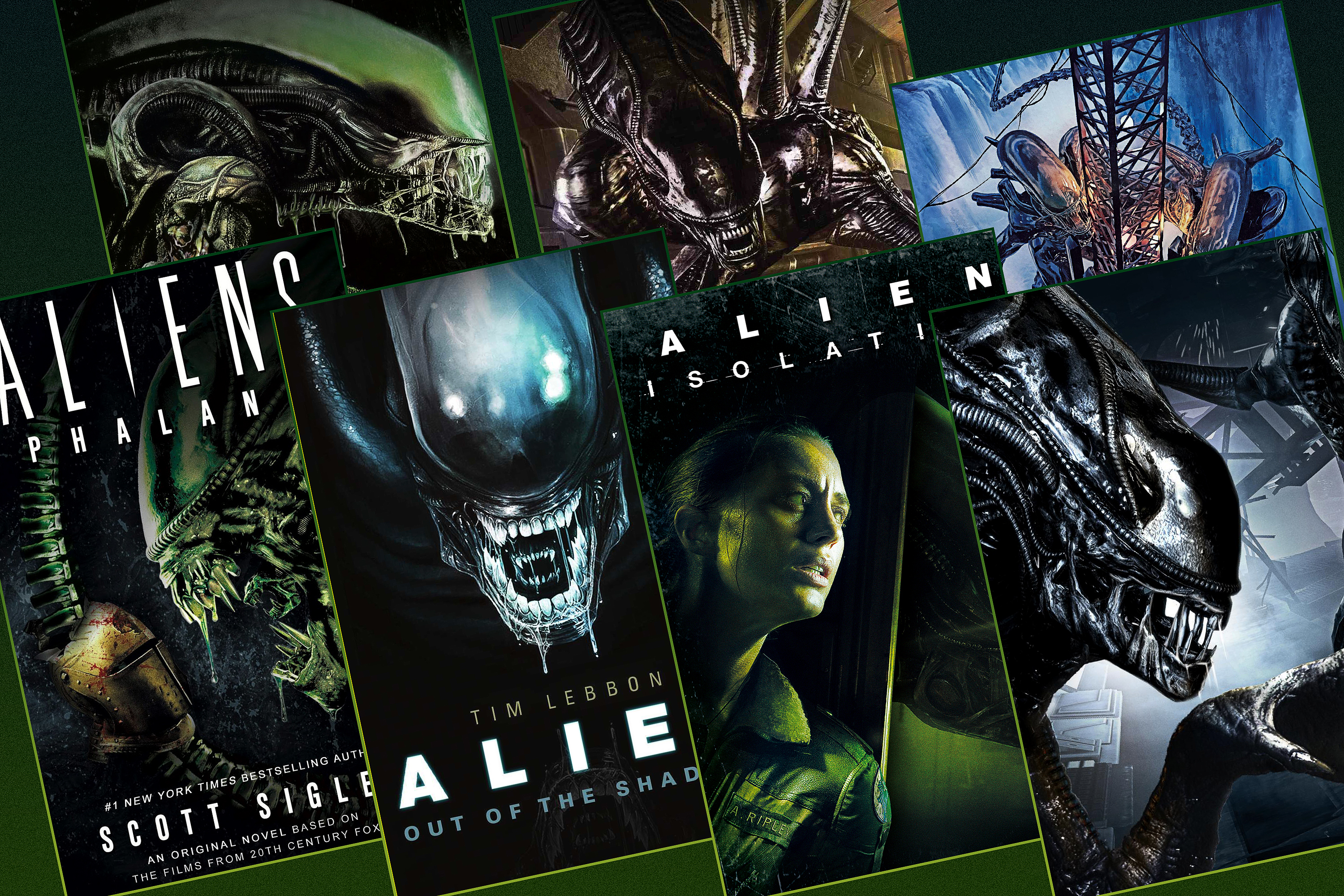 Grid featuring seven different Alien books on a dark green/black background