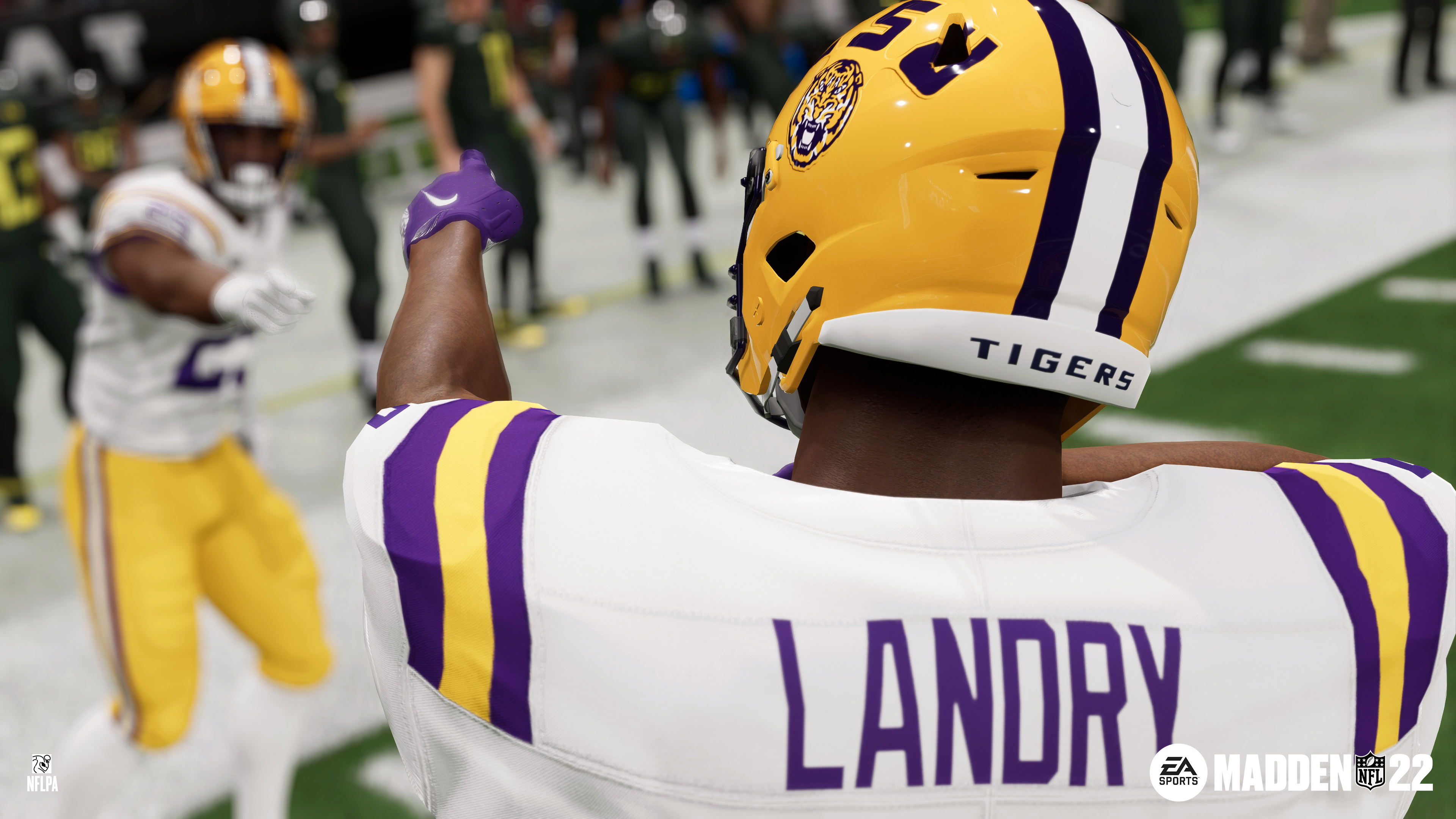 Closeup of LSU player Jarvis Landry showing the name on the back of his jersey