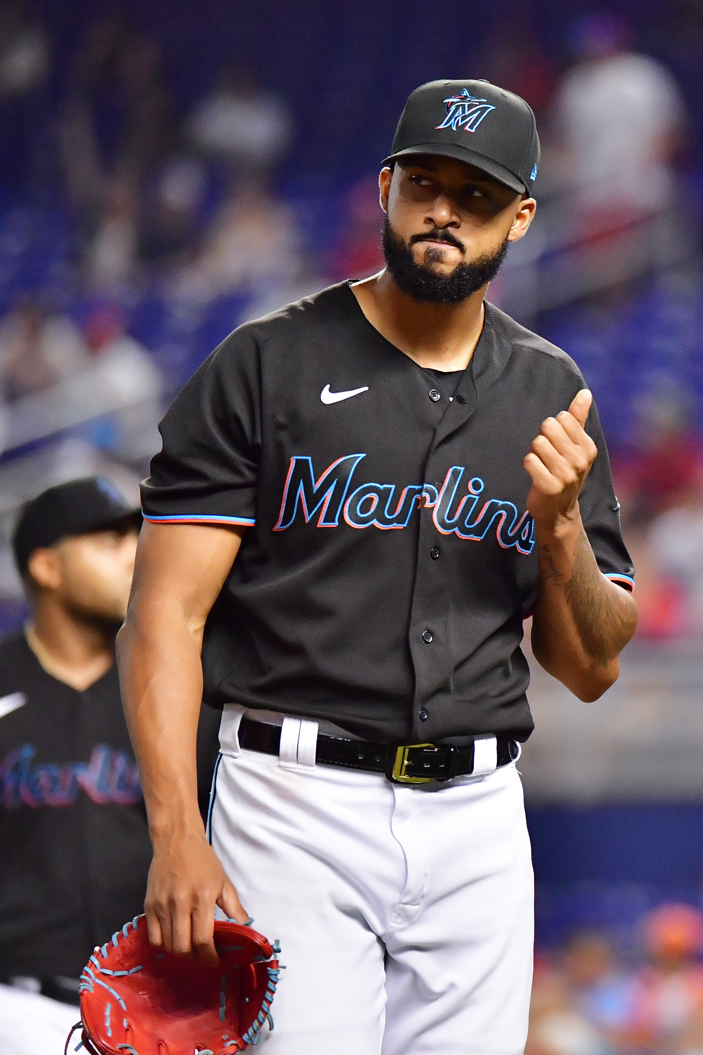 Sandy Alcantara #22 of the Miami Marlins reacts after the seventh inning against the Cincinnati Reds at loanDepot park