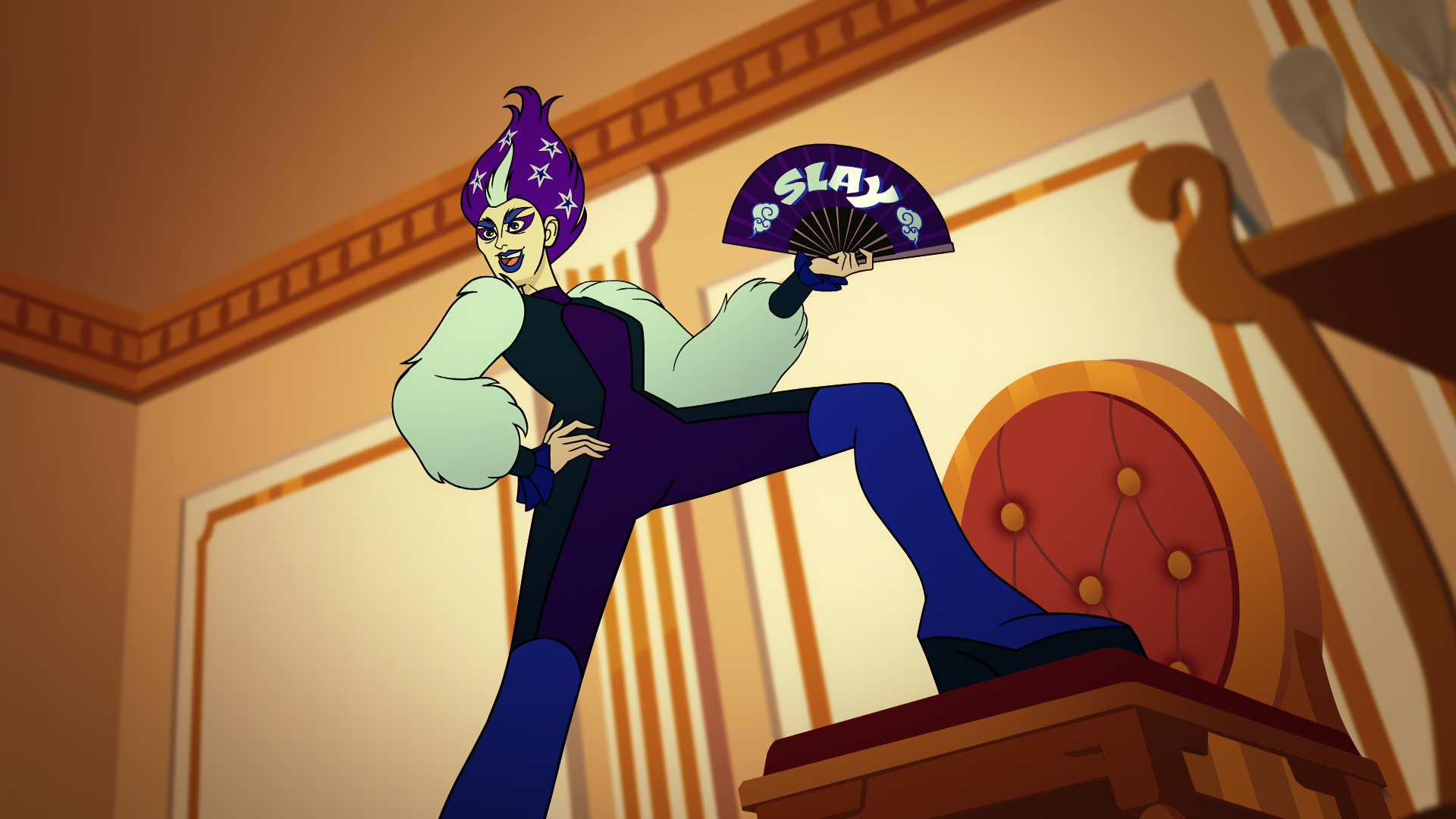 Twink, a drag-queen character from Netflix’s Q-Force, poses on a table, in a purple, star-filled bouffant and holding up a fan that says “SLAY”