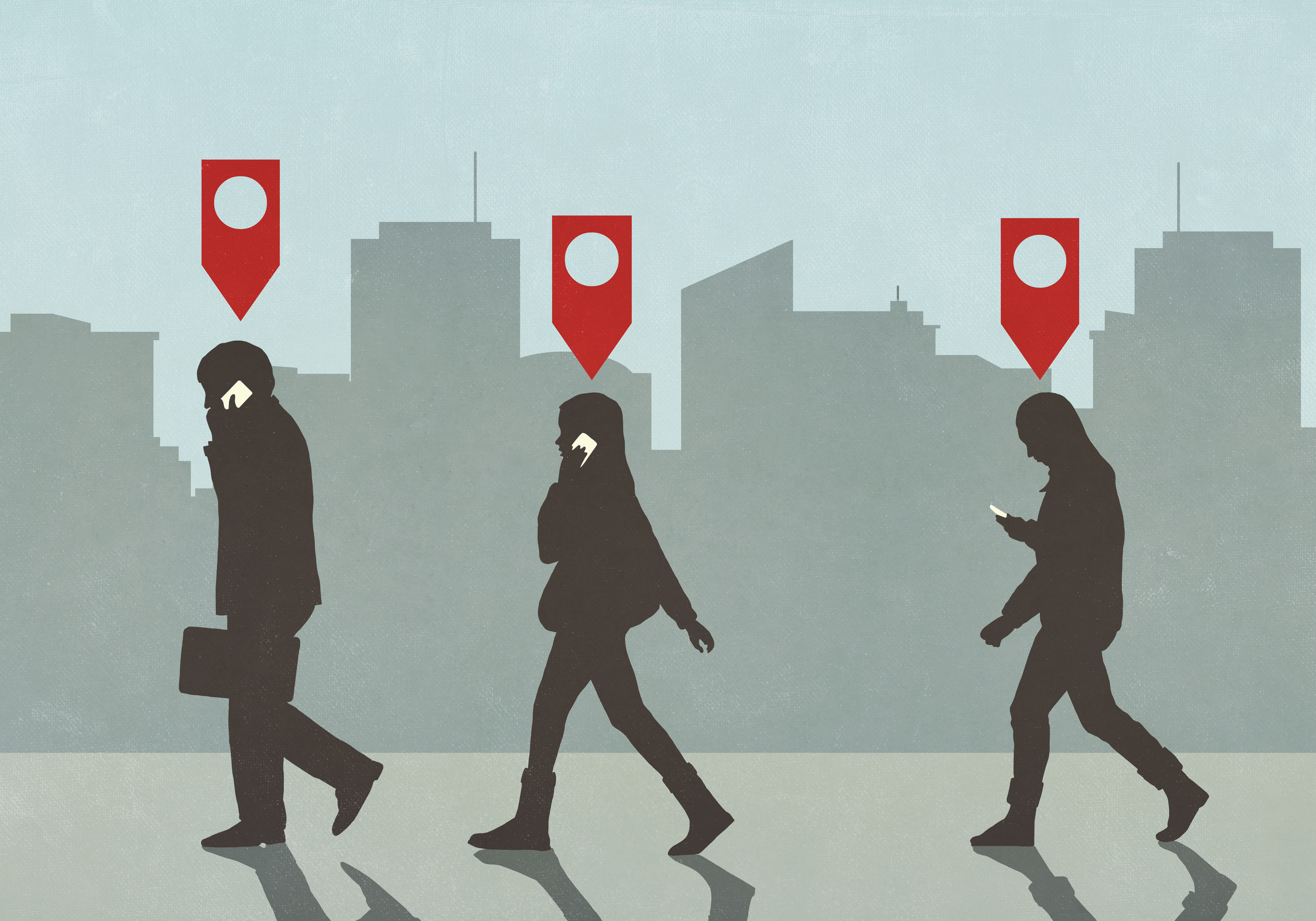 An illustration of three people in silhouette walking along a city street, each with a red arrow tag over their head.