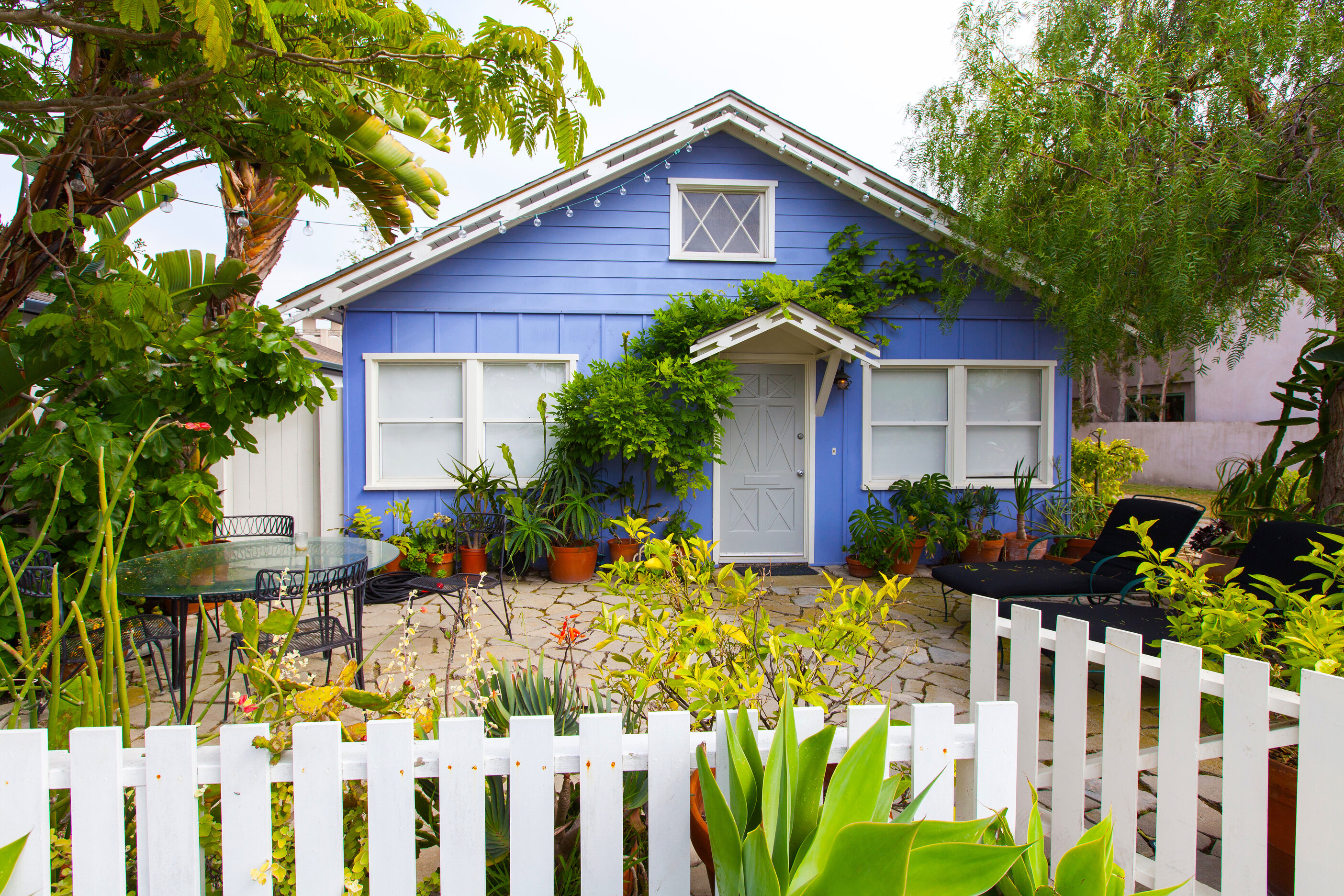 A quaint blue house in Los Angeles, CA with white picket fence, several potted plants, black lounge chairs, and ivy growing along the front. 