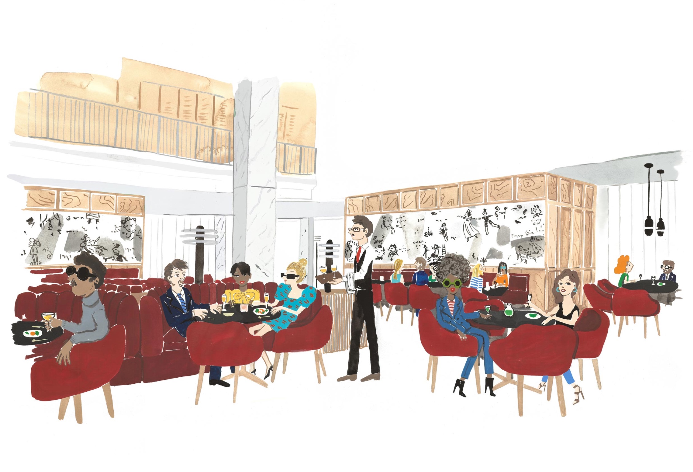 A colorful rendering of a throwback restaurant with servers in suits and plush red seats.