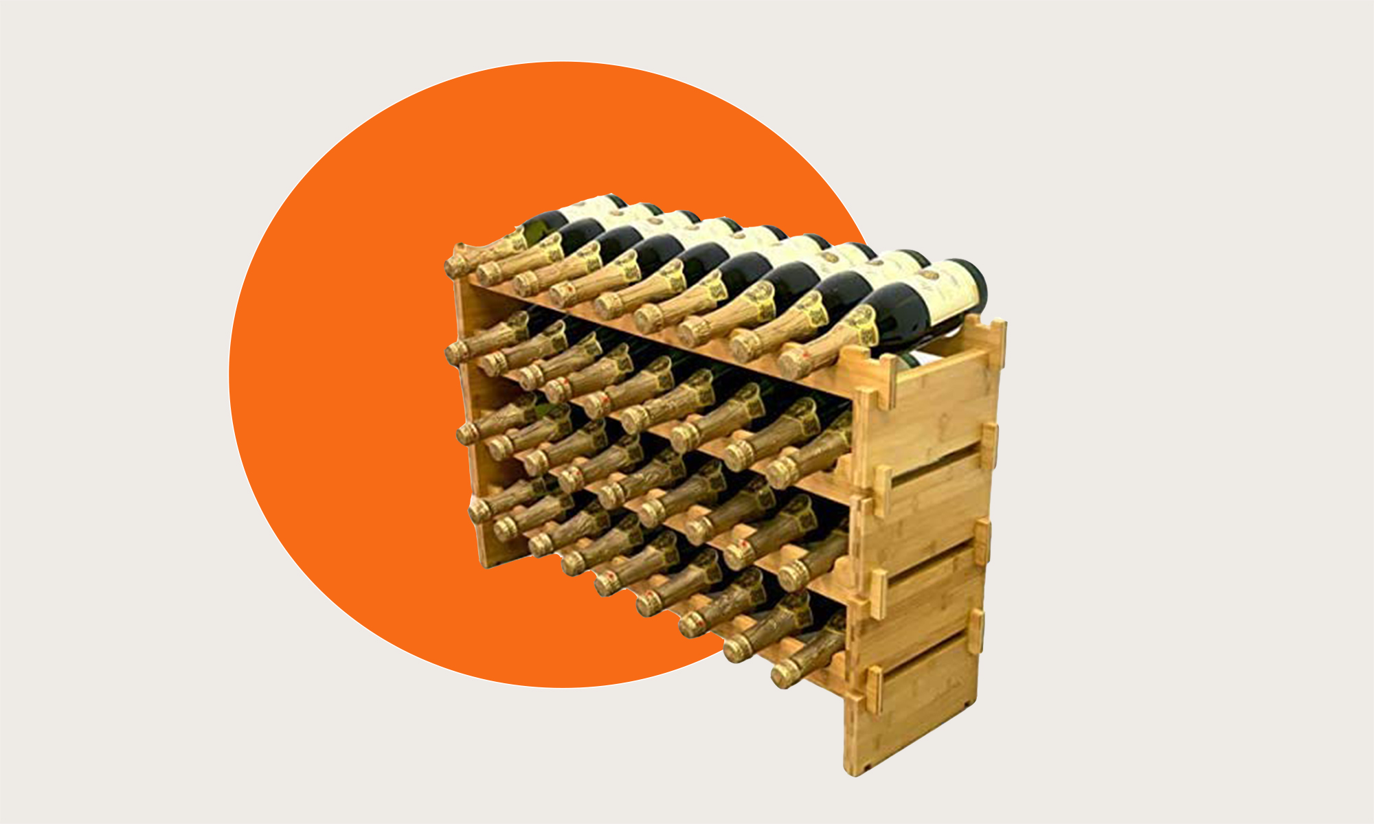 A wooden wine rack filled with Champagne bottles