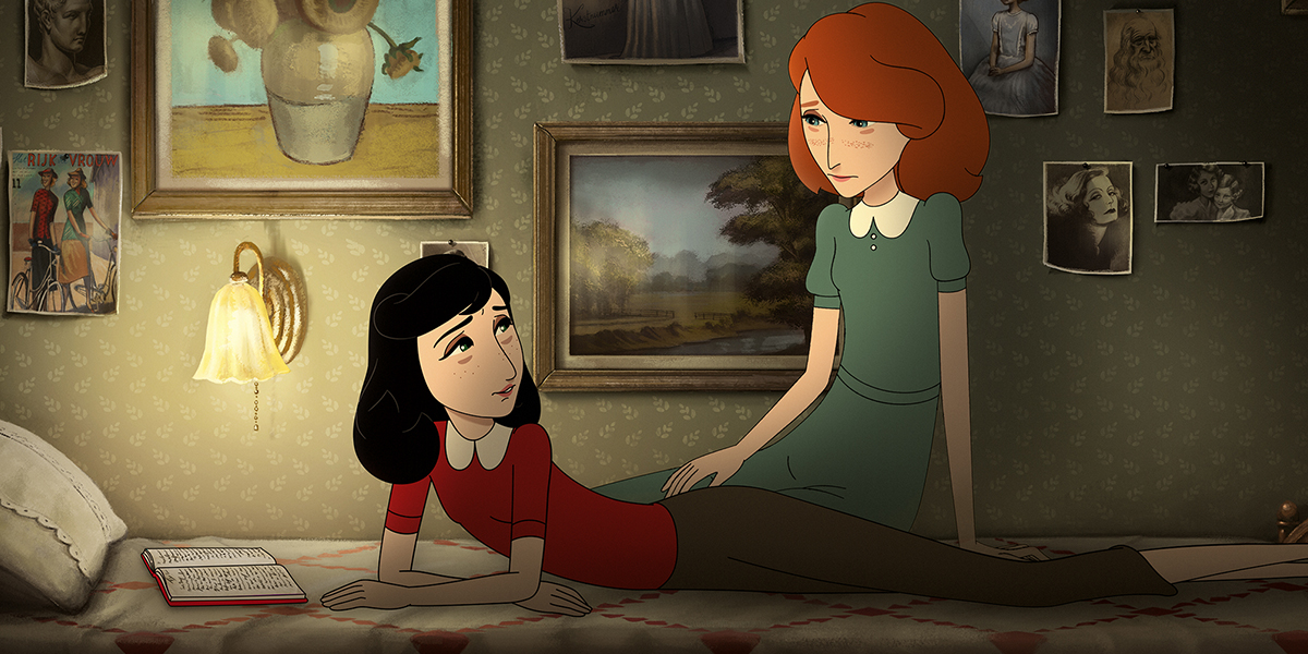 Imaginary friend Kitty comforts diarist Anne Frank in a fantasy moment from the animated film Where Is Anne Frank
