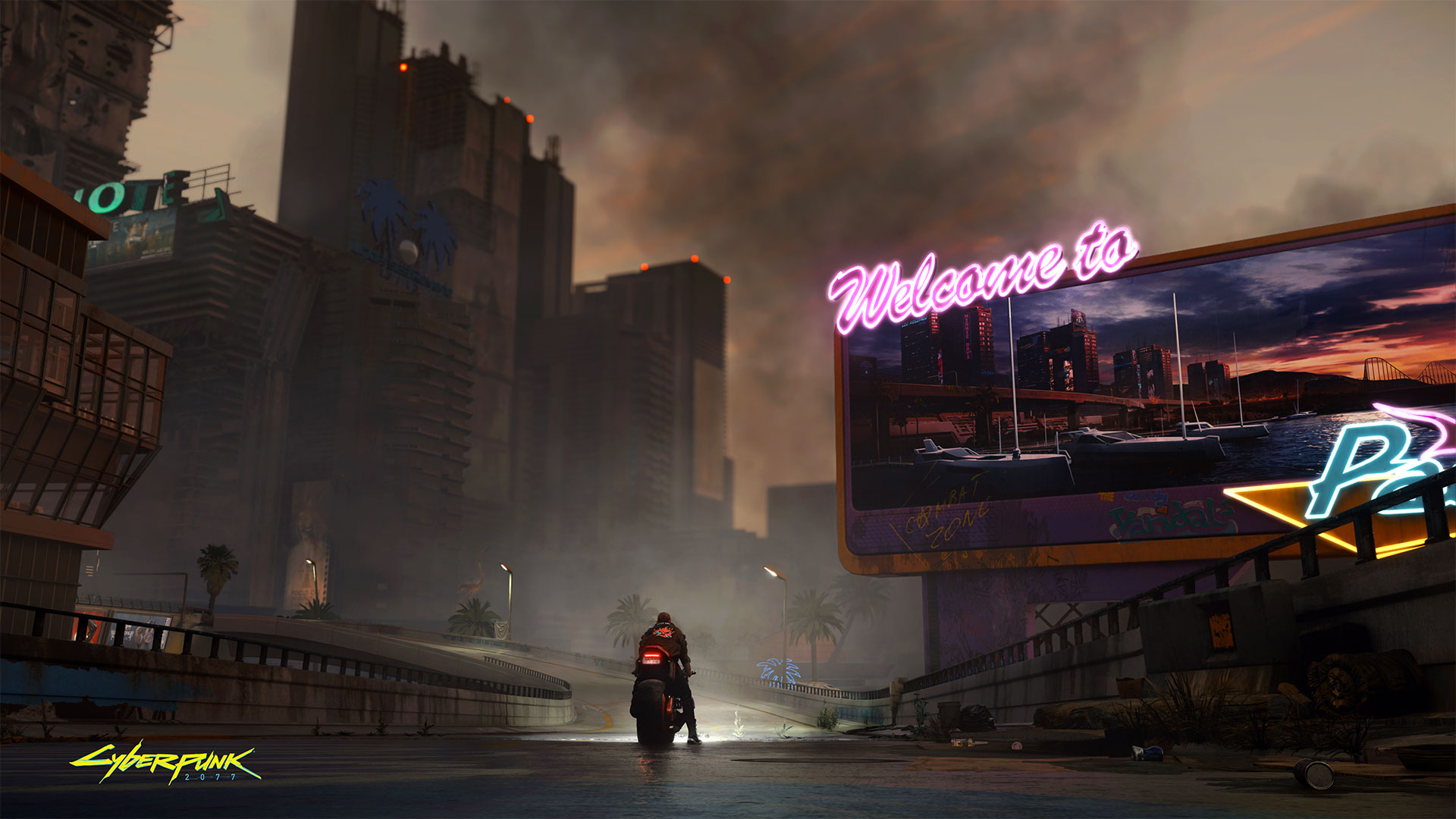 A dusk view from the streets of Night City. From CD Projekt Red’s Cyberpunk 2077, E3 2019.