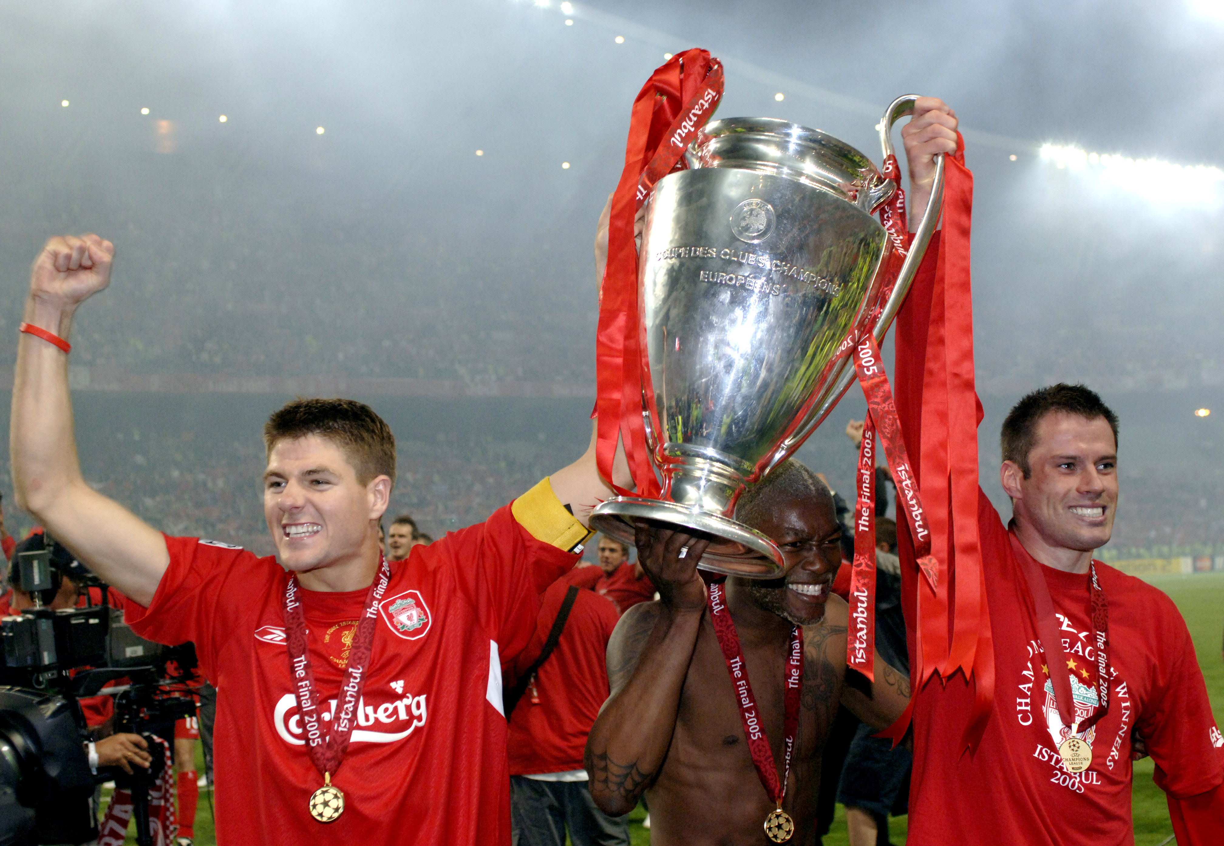 BT Sport, Football, UEFA Champions League Final, 25th May 2005, Ataturk Stadium, Istanbul, AC Milan 3 v Liverpool 3, ( Liverpool won 3-2 on penalties), Liverpool captain Steven Gerrard and Jamie Carragher celebrate with the trophy