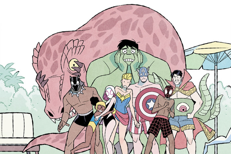 Various Avengers and friends stand poolside and horrified in their costume-themed bathing suits in It’s Jeff! (2021).