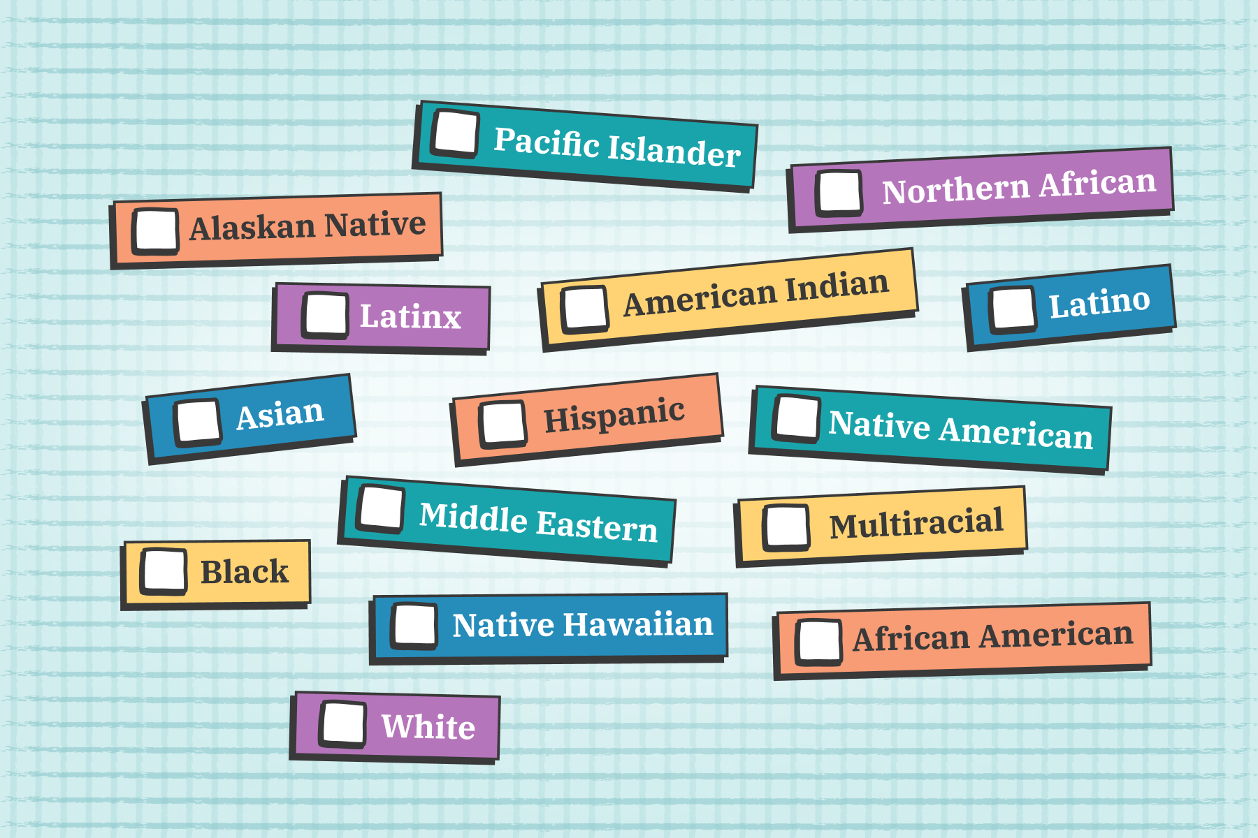 An illustration of multiple choice options for the question, “What is your race/ethnicity?” The options appear as brightly colored boxes against a blue background.