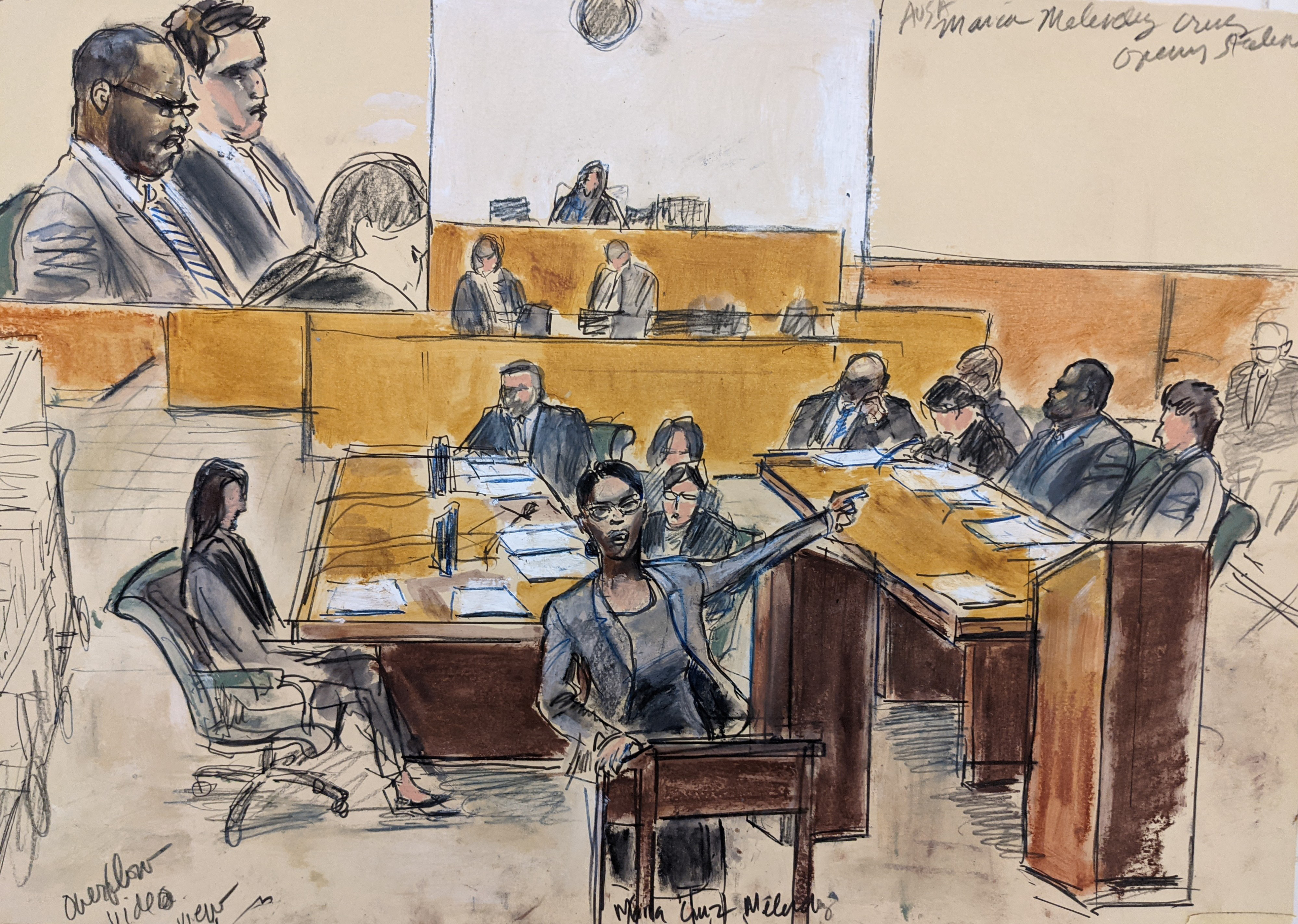 In this courtroom artist’s sketch made from a video screen monitor of a Brooklyn courtroom, defendant R. Kelly, top left, listens as Assistant U.S. Attorney Maria Melendez, center, makes opening arguments, Wednesday, Aug. 18, 2021 in New York. 