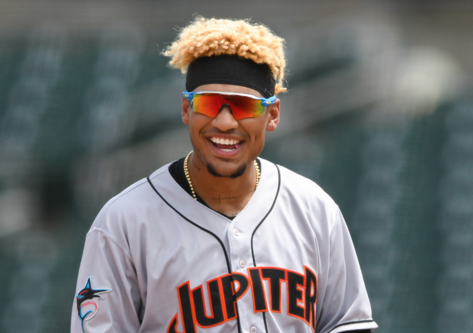 Outfielder Víctor Mesa Jr. smiles during a game with the Low-A Jupiter Hammerheads