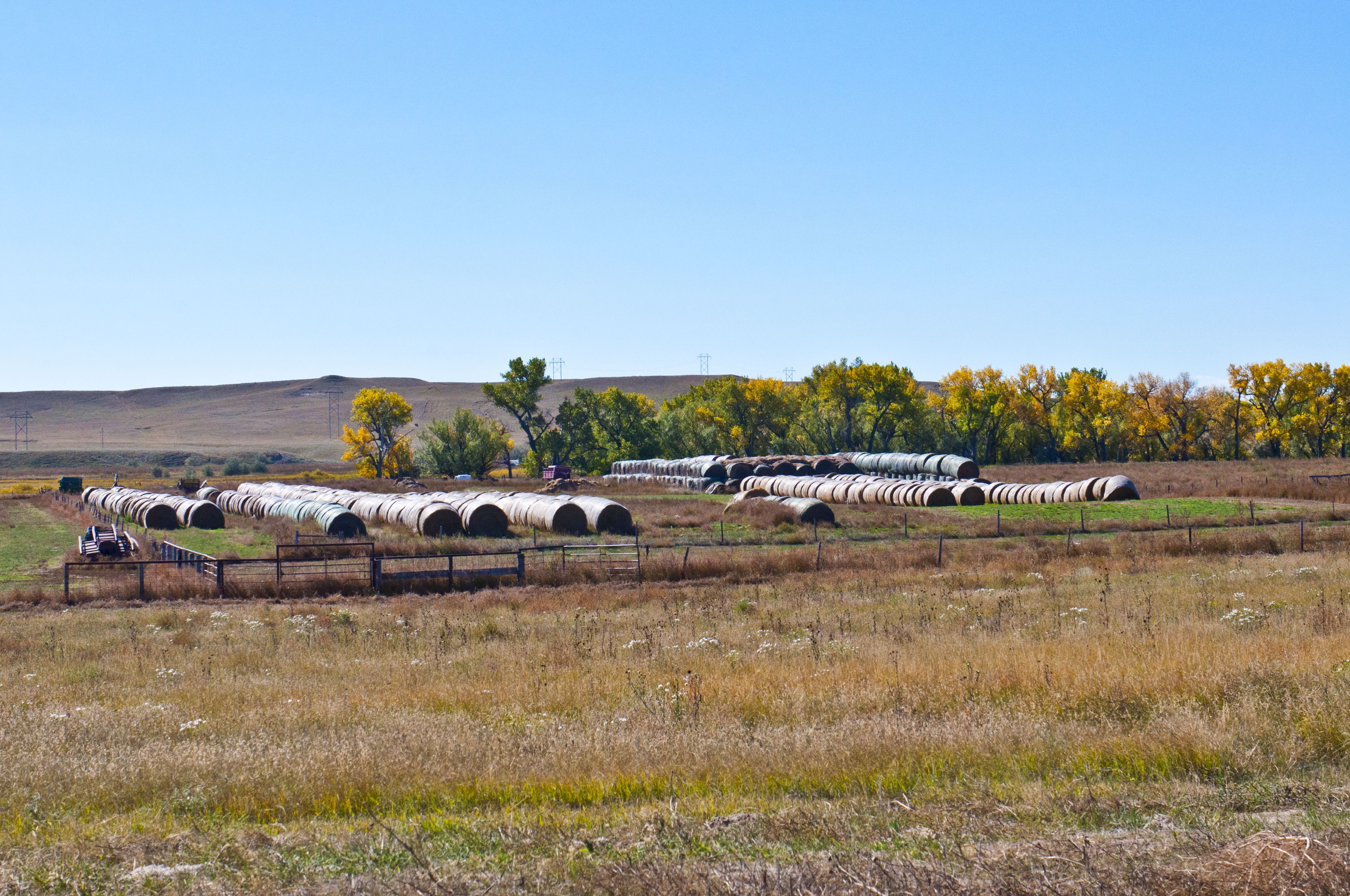 Nebraska, Crawford, Rolled and Stacked Bales of Hay