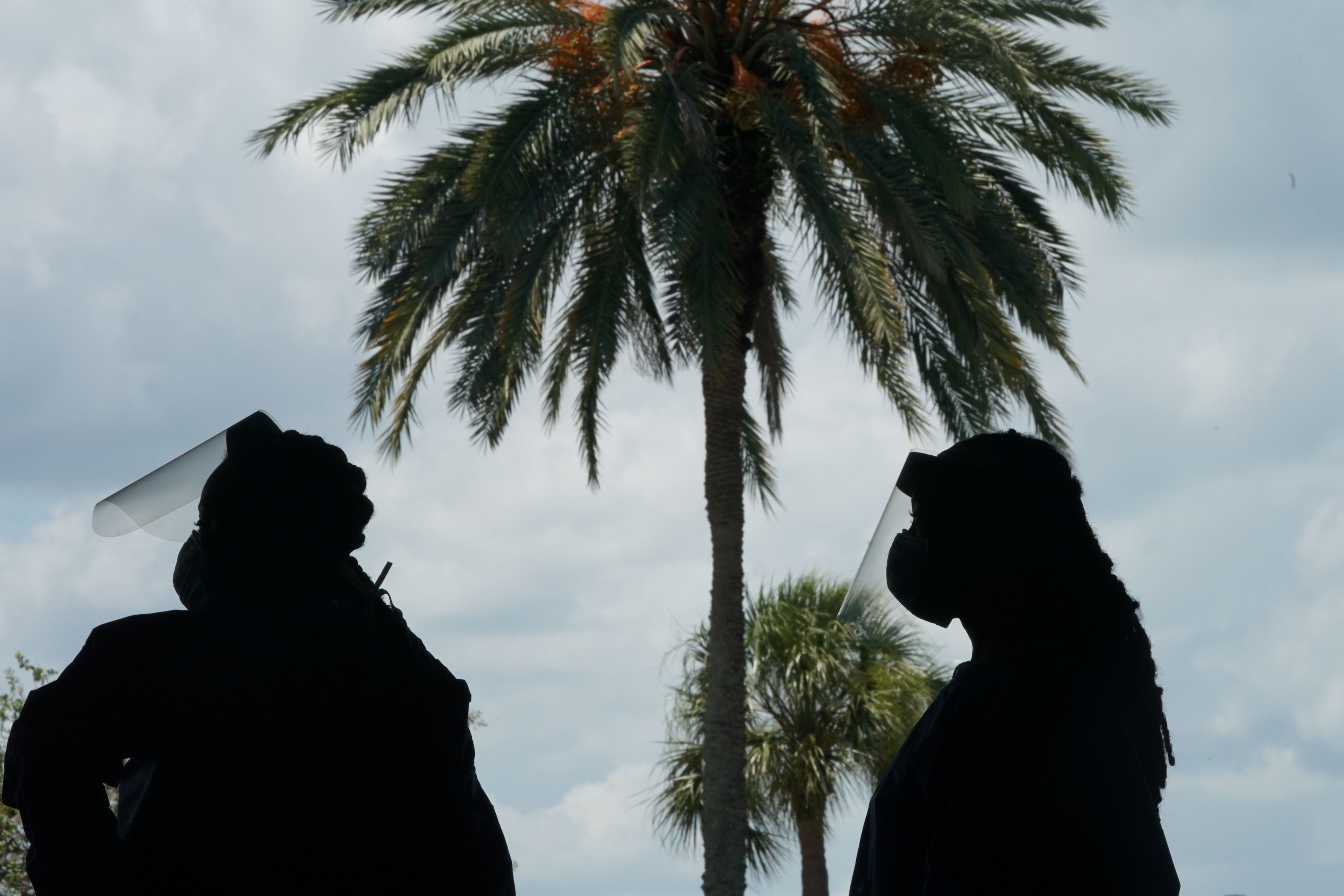 Two medical workers in silhouette at an outdoor Covid testing facility with palm trees in the background.