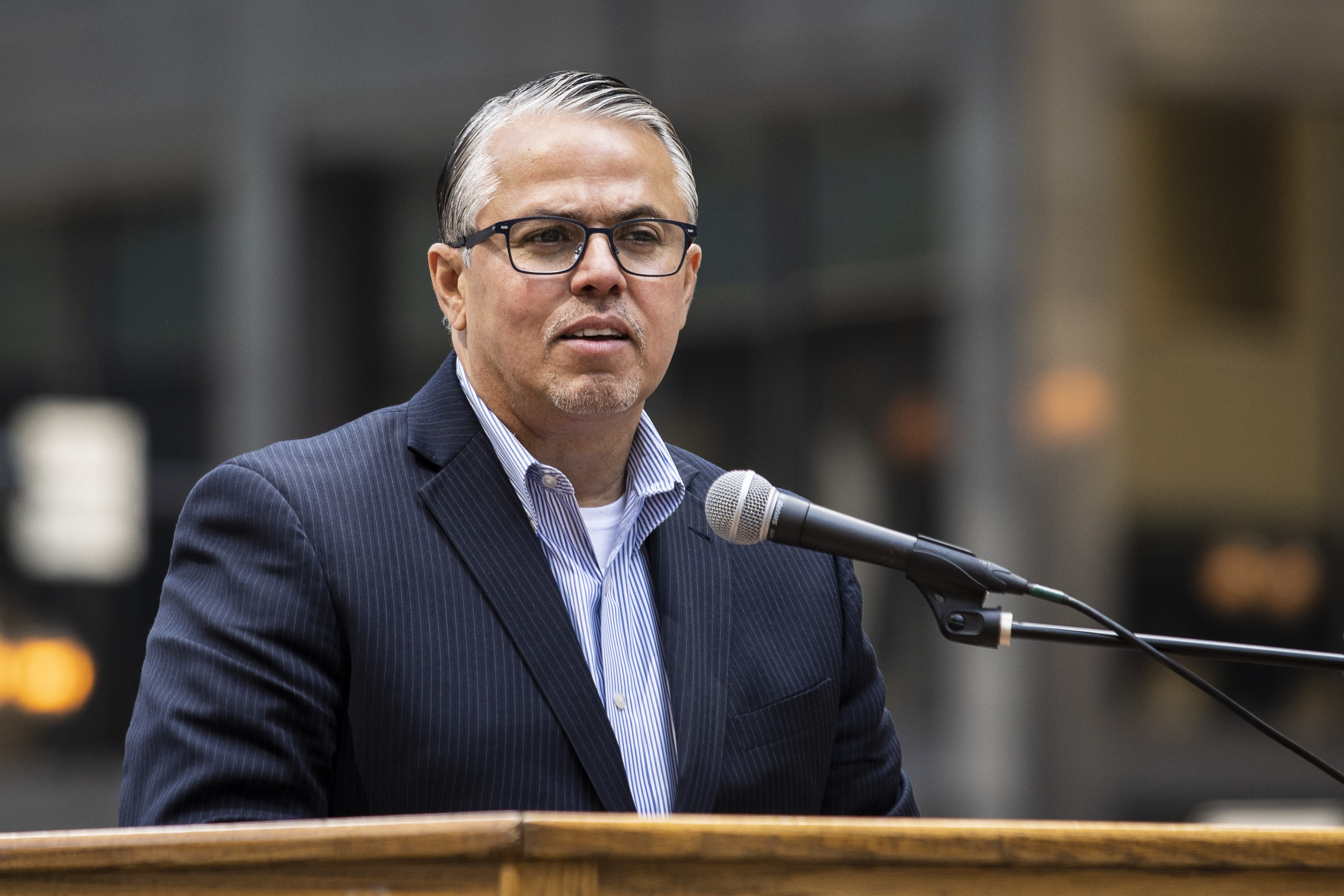 Ald. Gilbert Villegas (36th) speaks during a news conference at Daley Plaza, Monday afternoon, April 12, 2021.