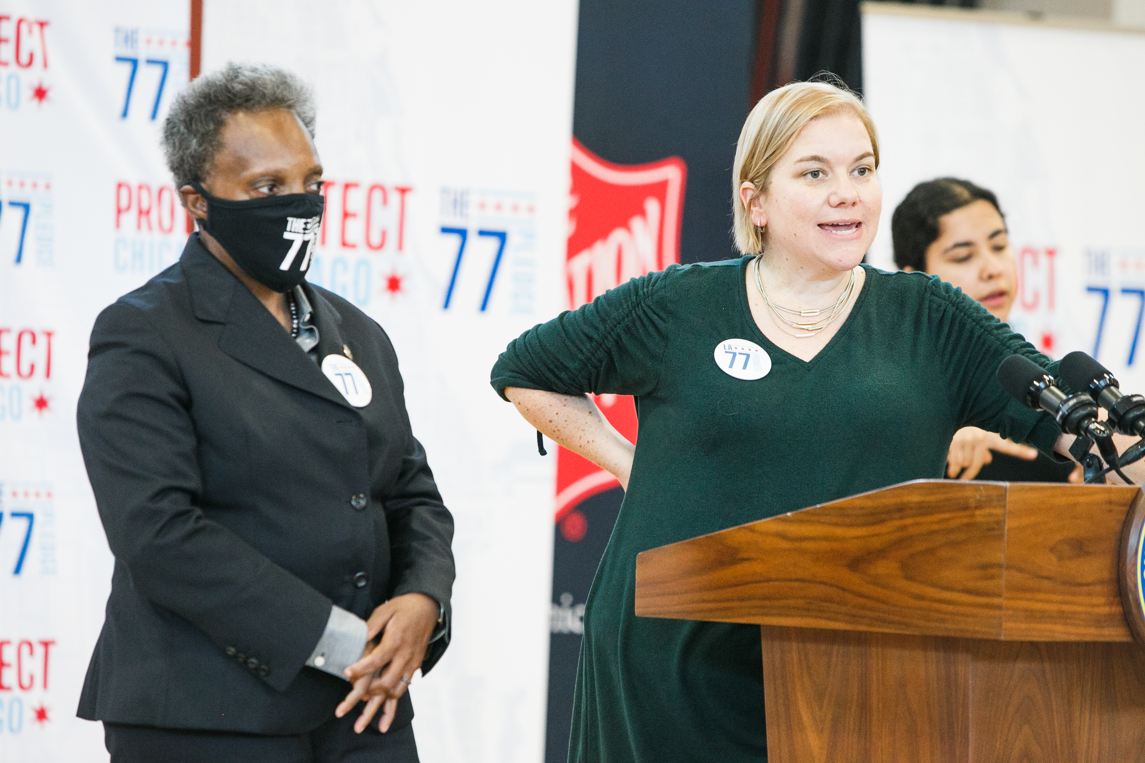 Mayor Lori Lightfoot and Dr. Allison Arwady answer questions at the Salvation Army’s Red Shield Center in the Englewood neighborhood Thursday morning, Sept. 23, 2021. Mark Capapas/Sun-Times