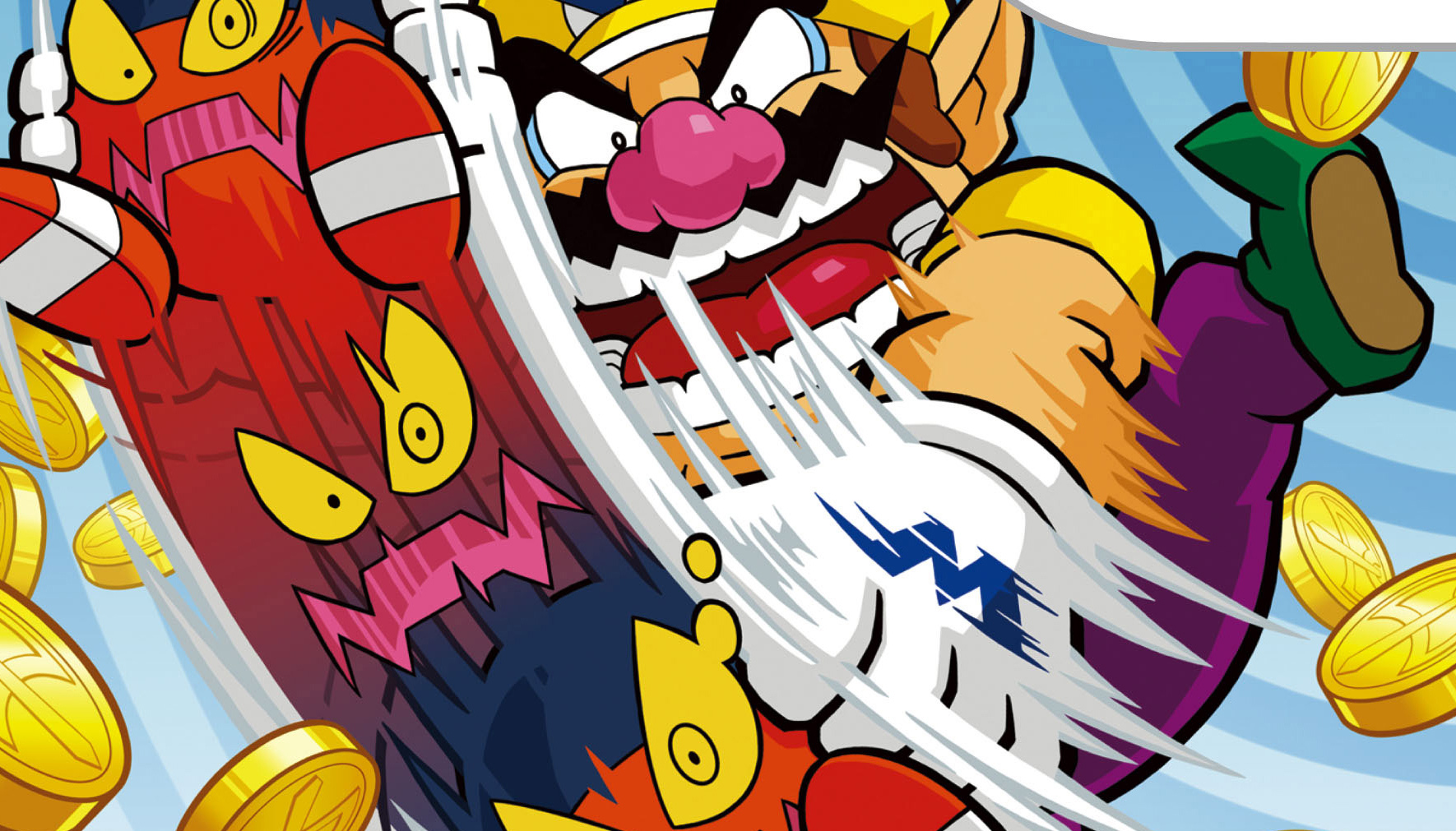 Wario Land: Shake It! - Wario brings a skateboard down on his enemies, surrounded by falling gold coins